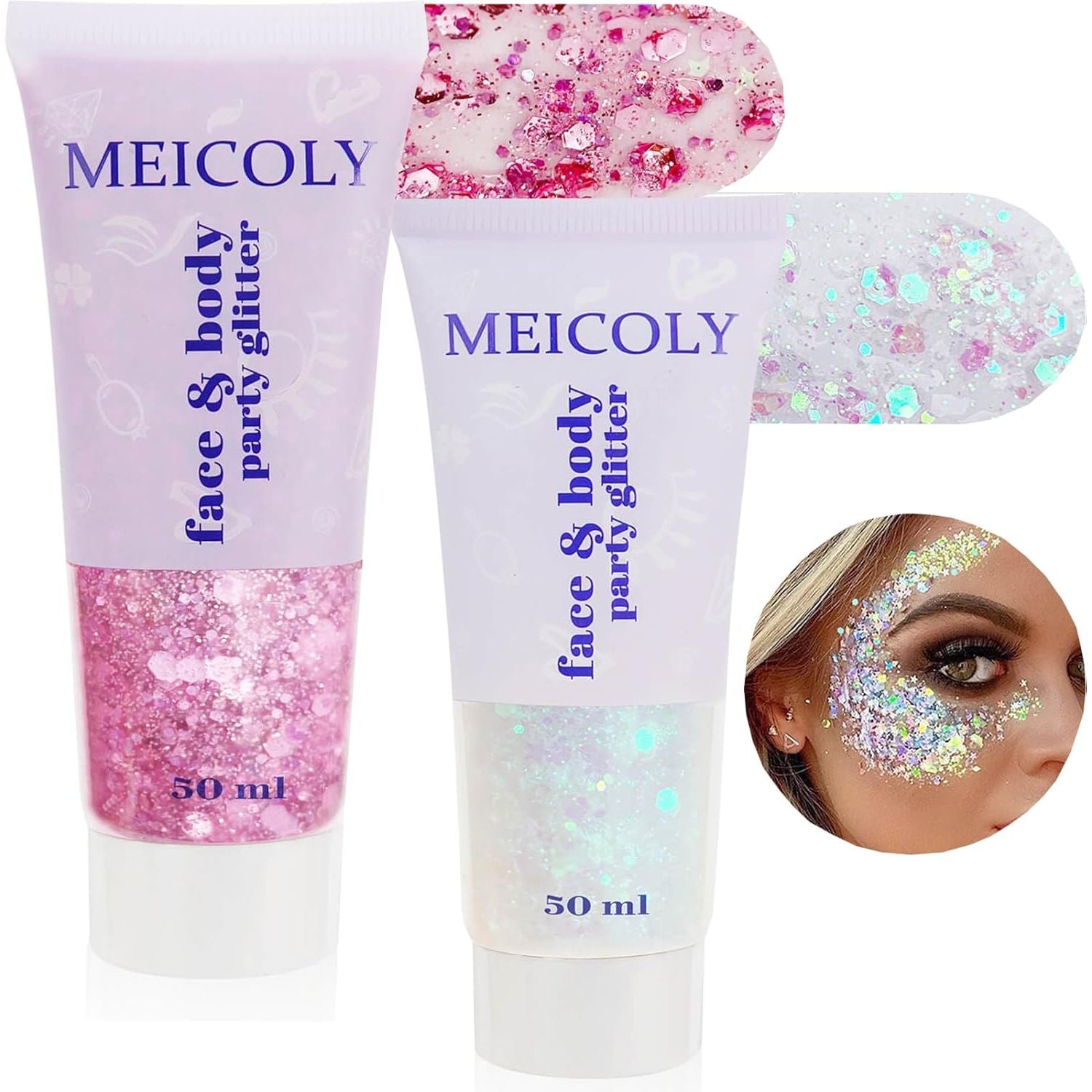 Buy now MEICOLY Pink and Clear White Face Body Glitter Set,Pink Face Glitter Gel,Singer Concerts Festival Rave Accessories,Glitter Face Paint for Women Kids,Mermaid Glitter Makeup,Body Glitter for Women white and pink face glitter at indiglob india