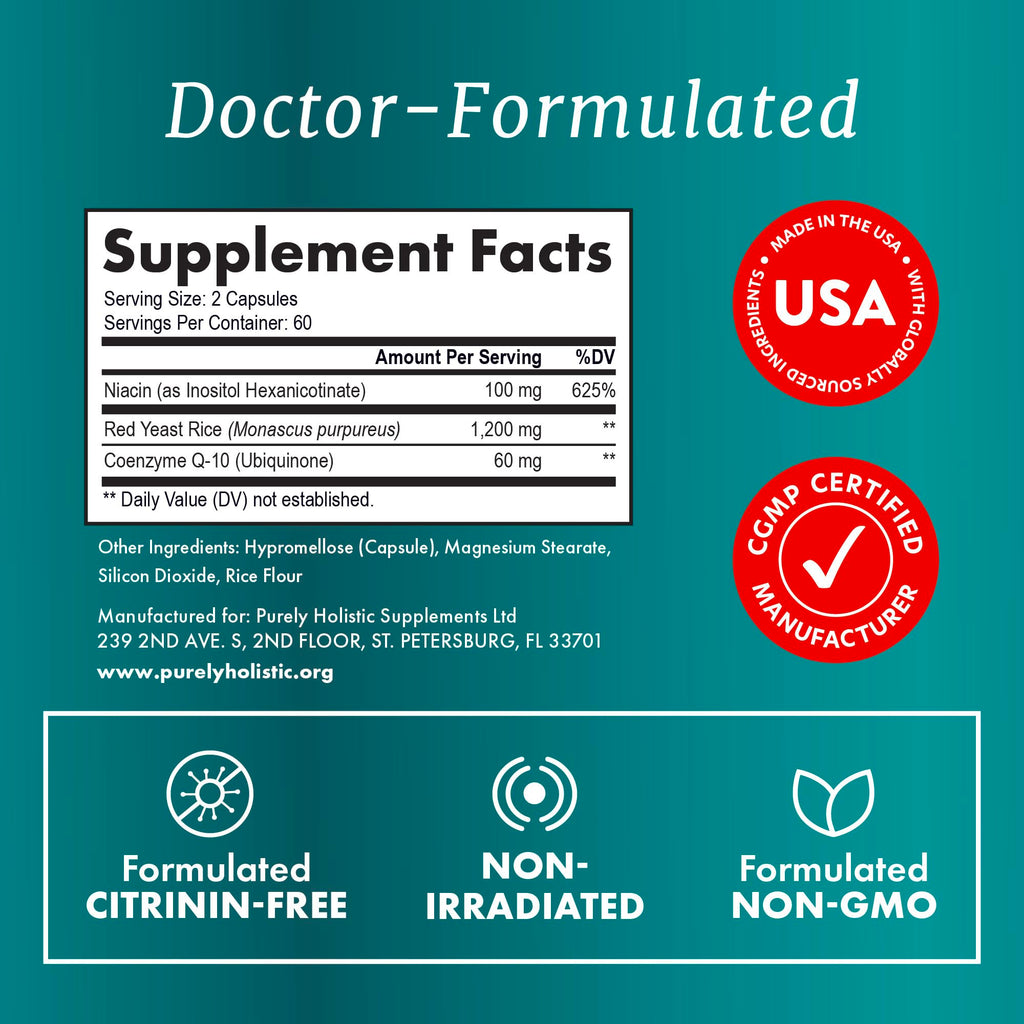 Red Yeast Rice with CoQ10 Supplement, Cholesterol & Heart Health Support | Extra Strength Red Yeast Rice 1200 MG (600 MG Per Capsule), Citrinin-Free, Doctor-Formulated, Non-GMO, Vegan, 120 Capsules