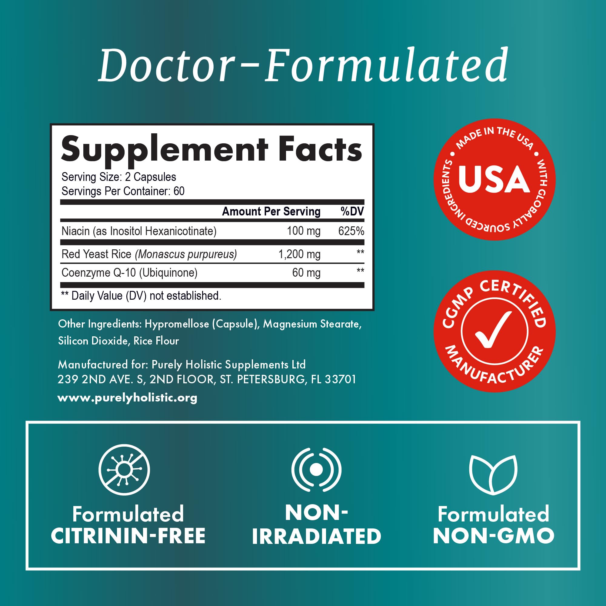 Red Yeast Rice with CoQ10 Supplement, Cholesterol & Heart Health Support | Extra Strength Red Yeast Rice 1200 MG (600 MG Per Capsule), Citrinin-Free, Doctor-Formulated, Non-GMO, Vegan, 120 Capsules