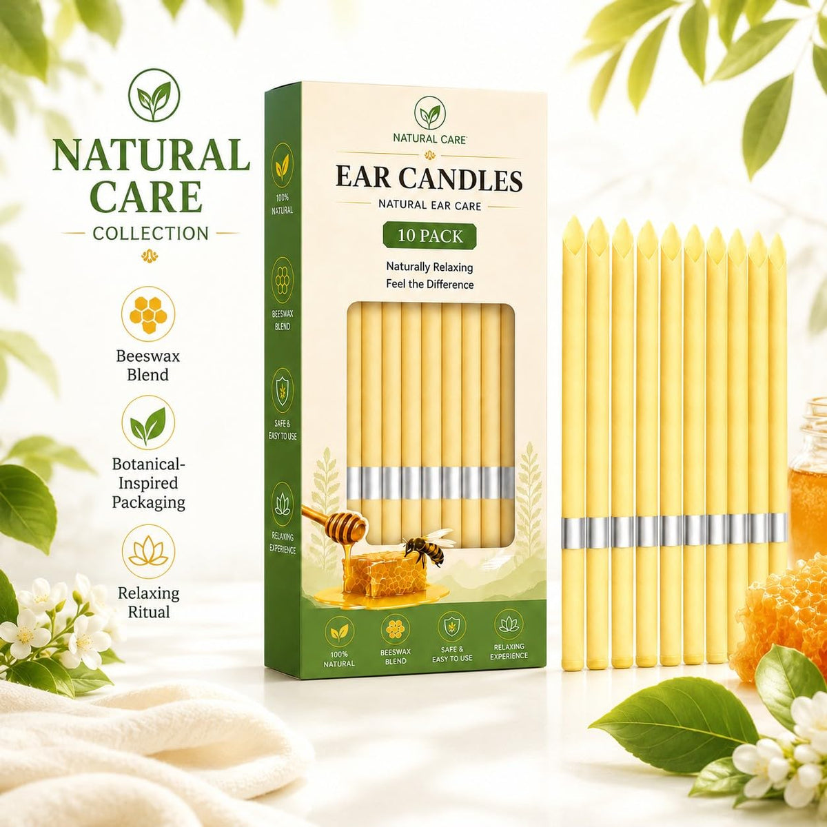 10 Pcs Ear Wax Removal Kit Ear Candle with Protective Discs, Storage Box & Cotton Swabs, Natural SPA Relaxation Candles Set for Home Use