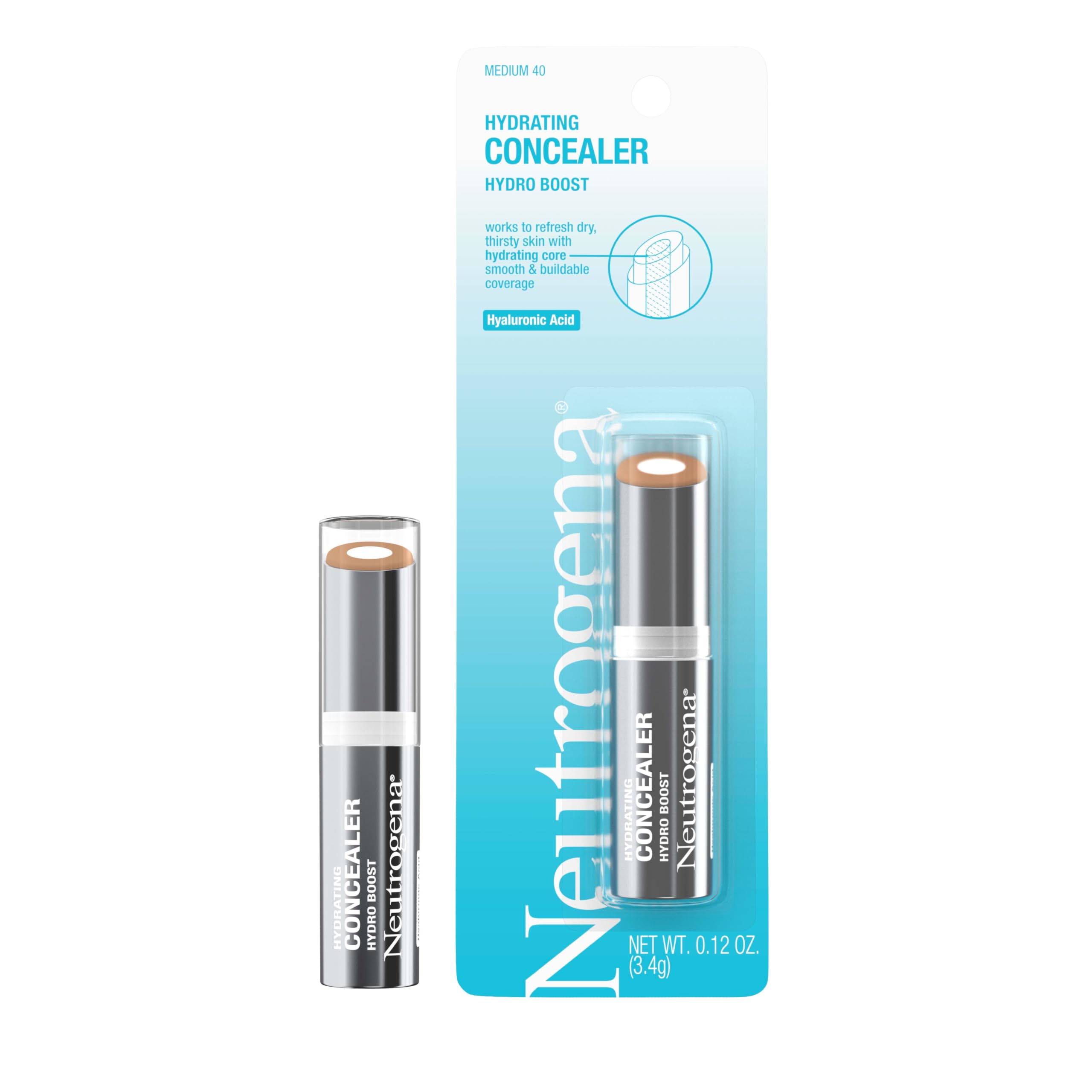 Buy now Neutrogena Hydro Boost Hydrating Concealer Stick, Oil-Free, Lightweight Cover-Up Makeup with Hyaluronic Acid Refreshes Dry Skin & Provides Buildable Coverage, 40 Medium, 0.12 Oz at indiglob india