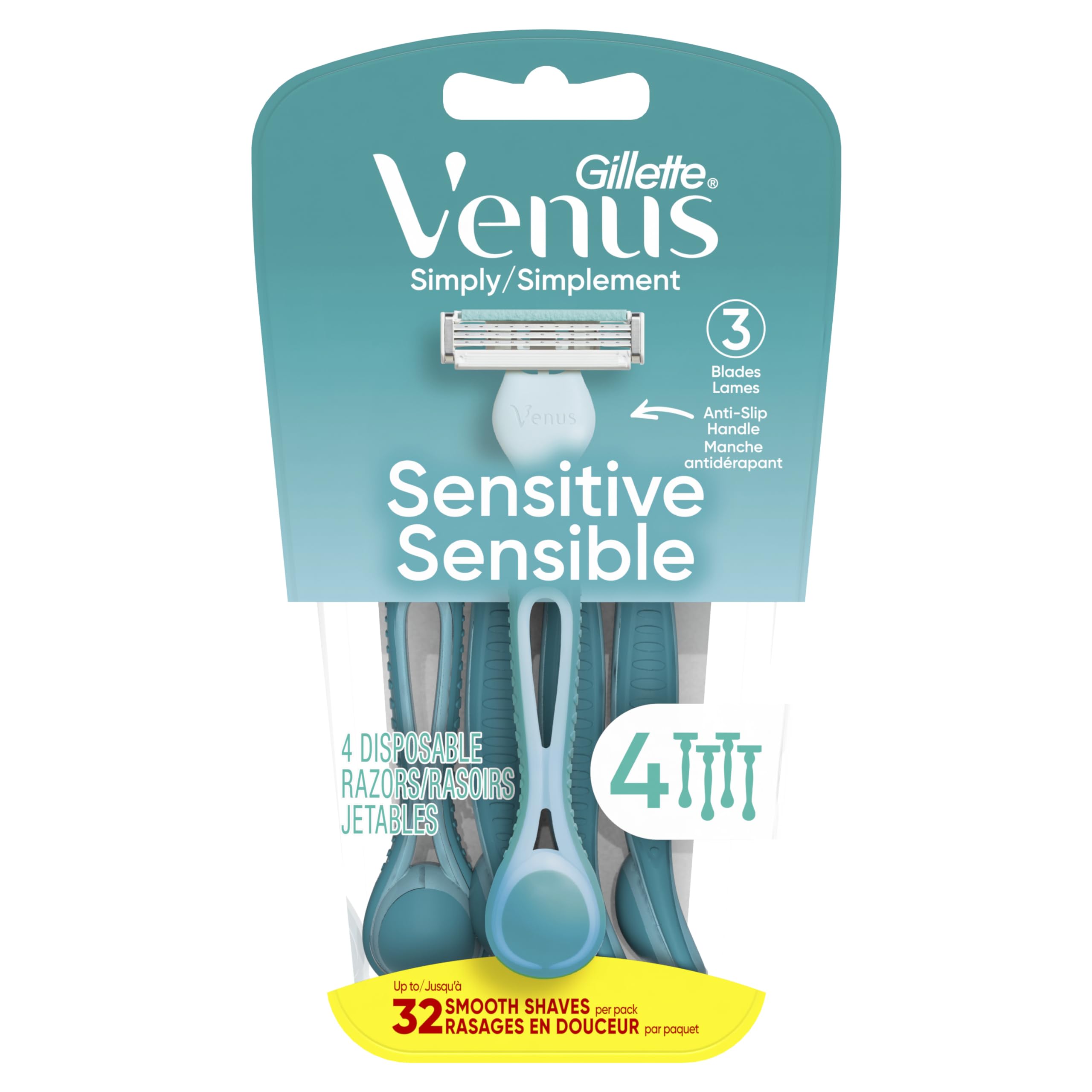 Gillette Venus Simply 3 Sensitive Women's Disposable Razors, Pack of 1 with 4 razors
