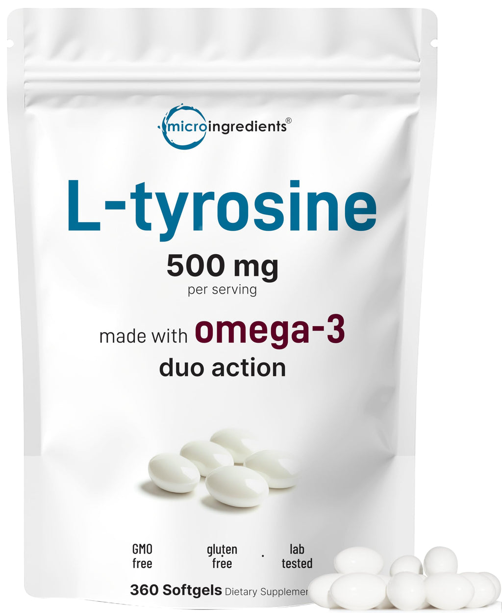 Micro Ingredients L-Tyrosine 500 mg Per Serving with Omega-3, 360 Softgels