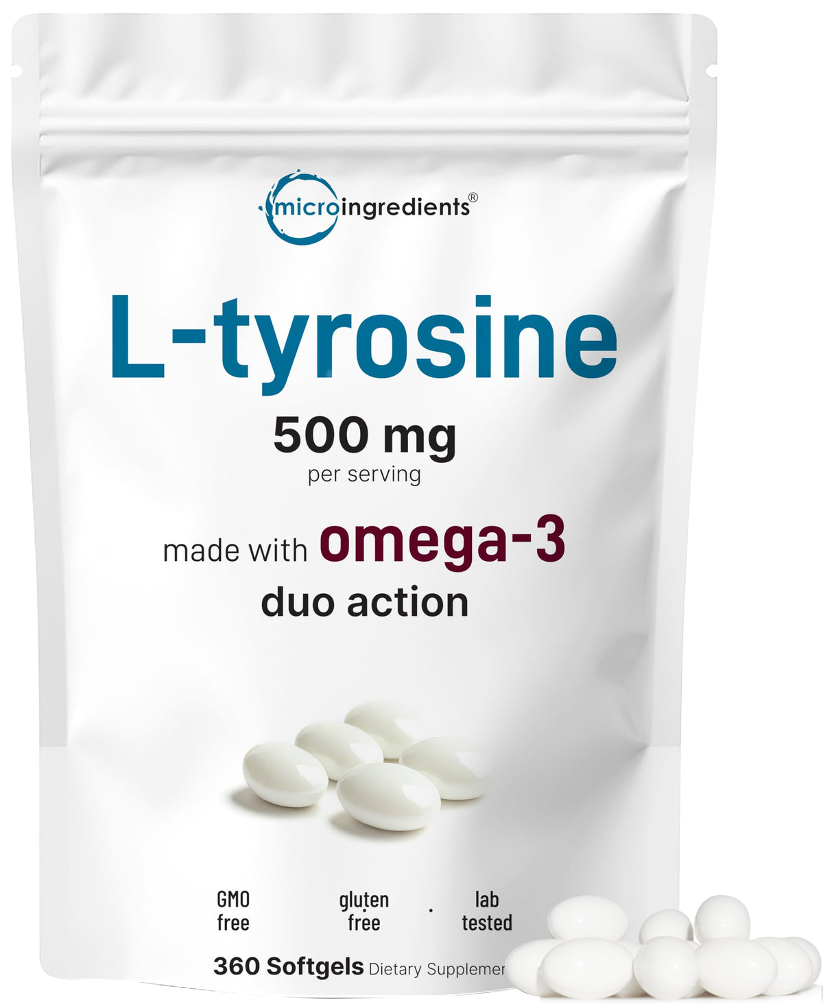 Micro Ingredients L-Tyrosine 500 mg Per Serving with Omega-3, 360 Softgels