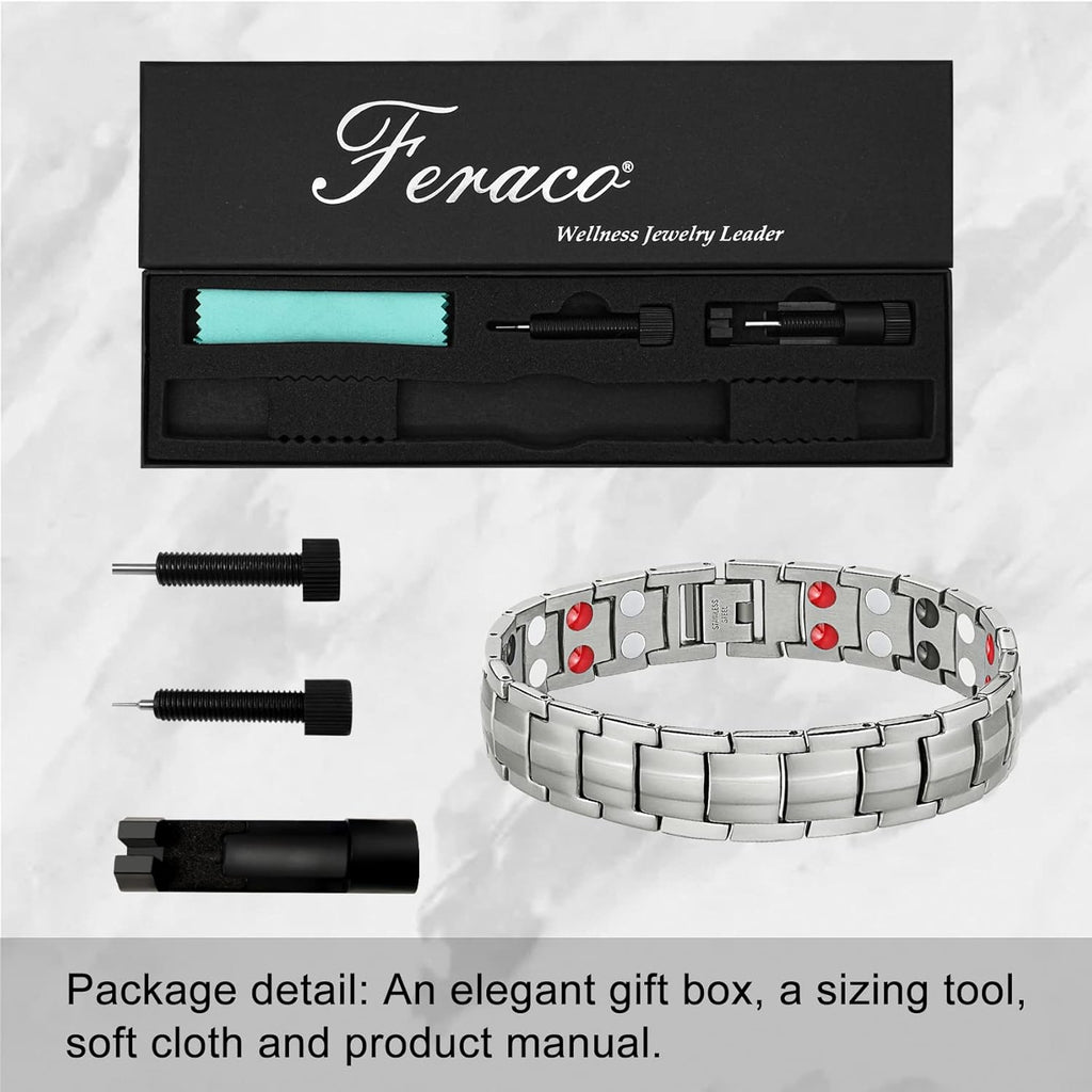 Buy now Feraco Mens Magnetic Bracelet Titanium Steel Magnetic Bracelet with Double Row 4 Elements Magnets (Silver) at indiglob india