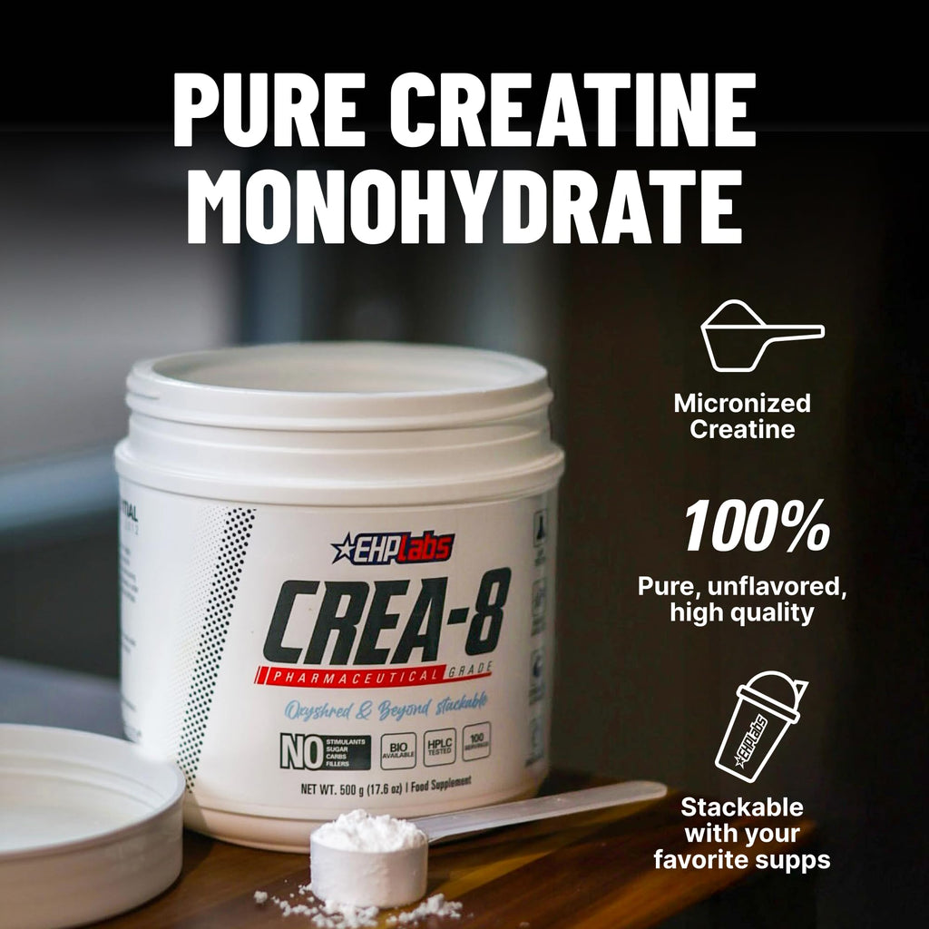 EHP Labs CREA-8 Creatine Monohydrate Powder, Unflavored, 100 Servings | Micronized Creatine For Muscle Growth, Strength & Energy. Mixes Easily, No Clumping. Pre Or Post Workout. 500g