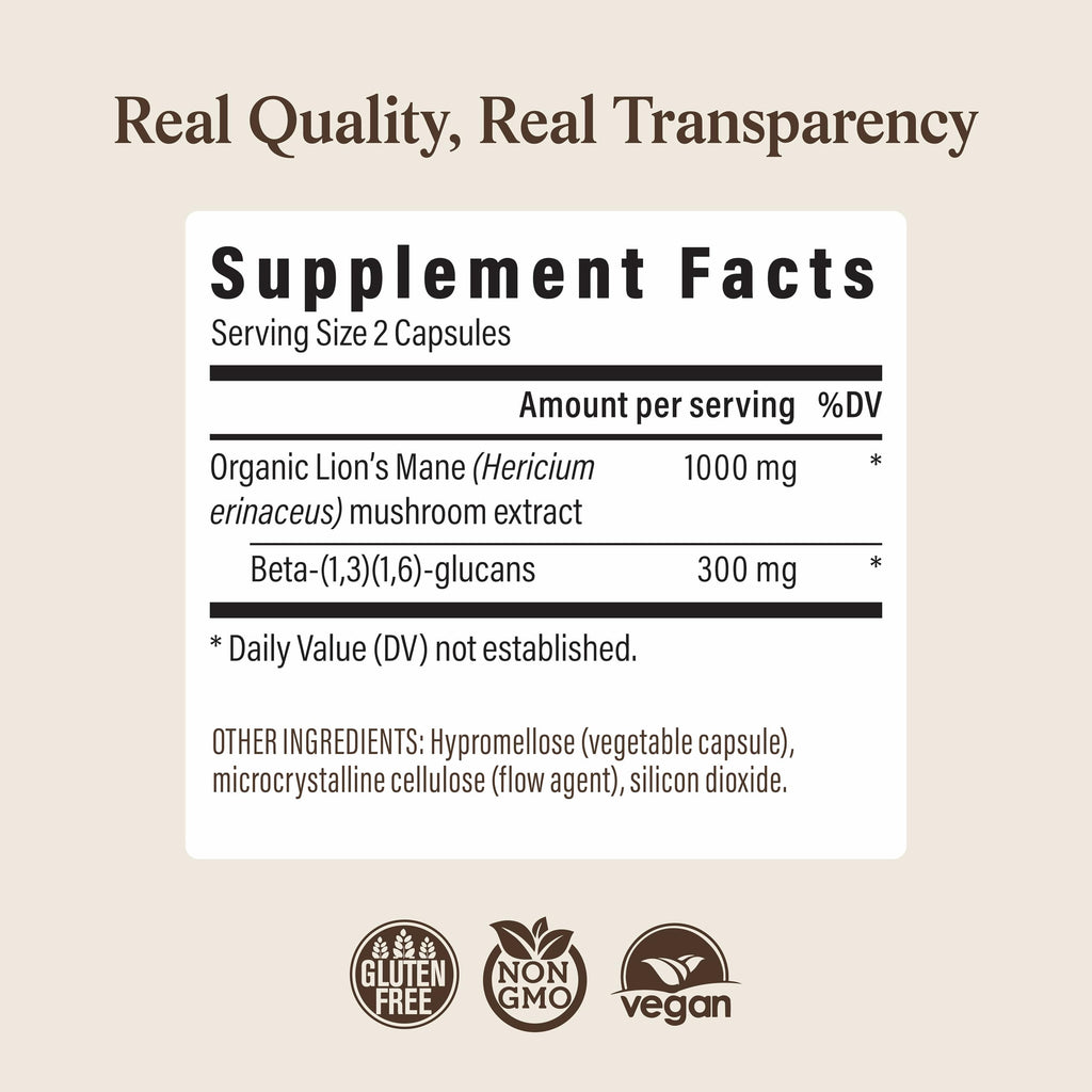 Real Mushrooms Lion's Mane Capsules, Brain, Focus and Cognition, 120ct | Organic Lion's Mane Extract for Wellness, Focus, Clarity Support, Vegan Non-GMO Powder, Daily Use, Verified Beta Glucans