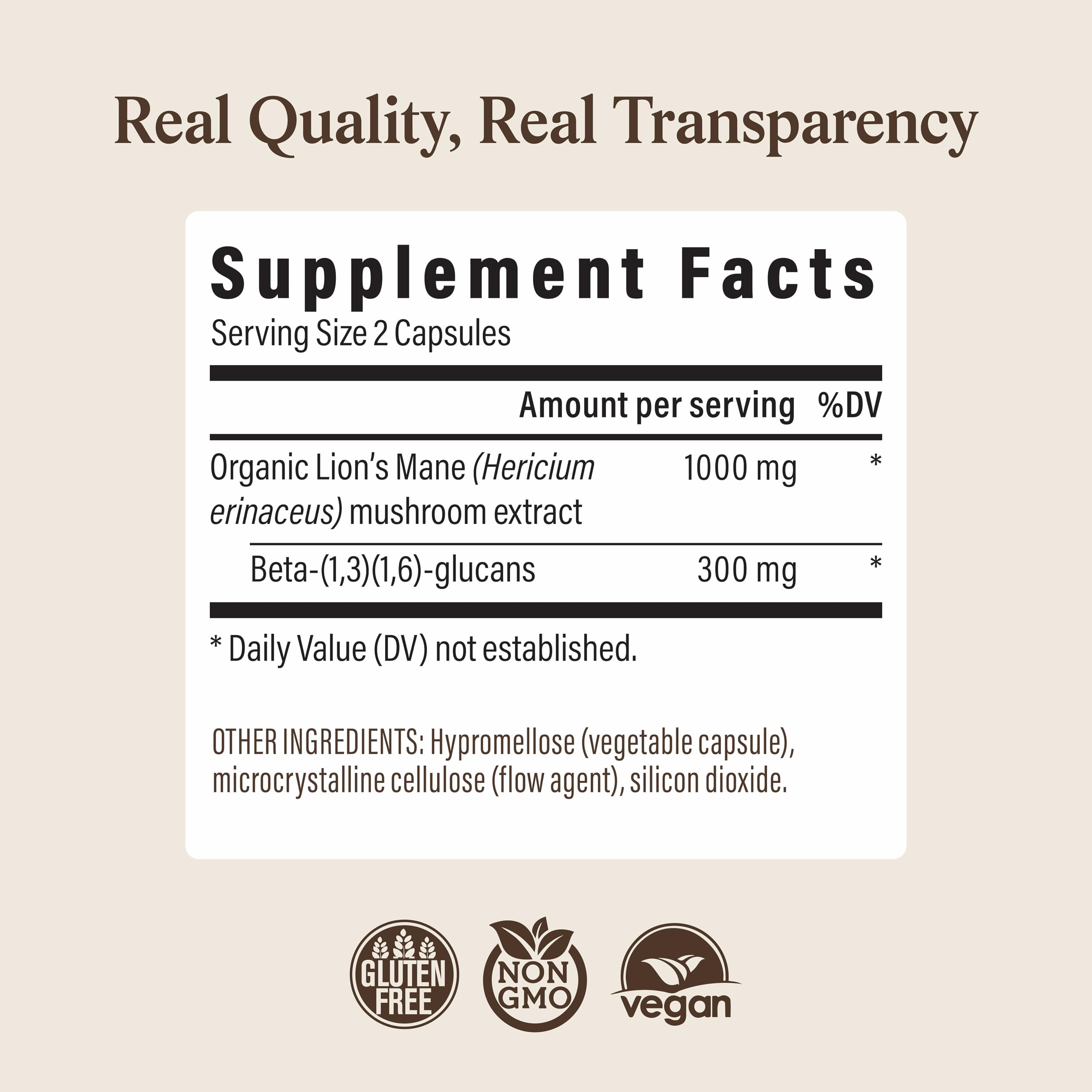 Real Mushrooms Lion's Mane Capsules, Brain, Focus and Cognition, 120ct | Organic Lion's Mane Extract for Wellness, Focus, Clarity Support, Vegan Non-GMO Powder, Daily Use, Verified Beta Glucans
