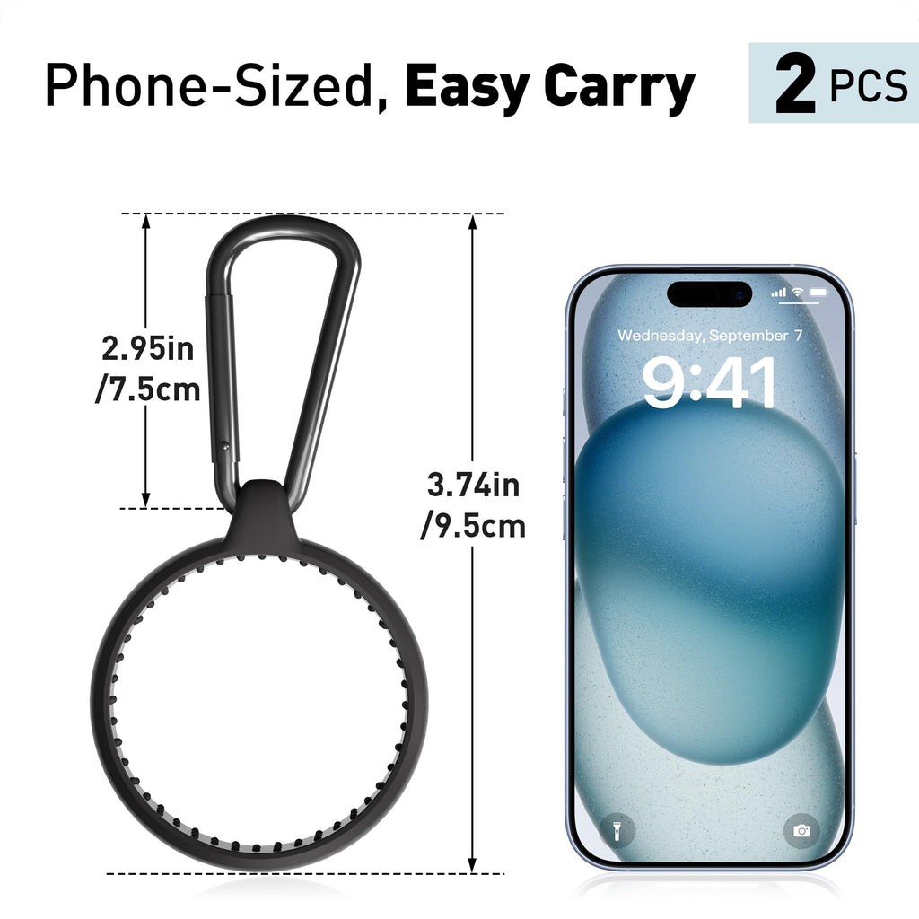 Water Bottle Carrier Hook Clip with Carabiner, 2 Pack Silicone Bottle Holder Fits 3.15-4.72 Inch Bottle Necks, Portable Hanging Hook for Outdoor Hiking Camping Travel