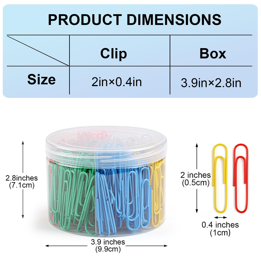320 Pcs Large Paper Clips, 2 Inch Jumbo Paper Clips, Colorful Coated Paperclips, Heavy Metal Paperclips Office for Teacher Supplies School Supplies