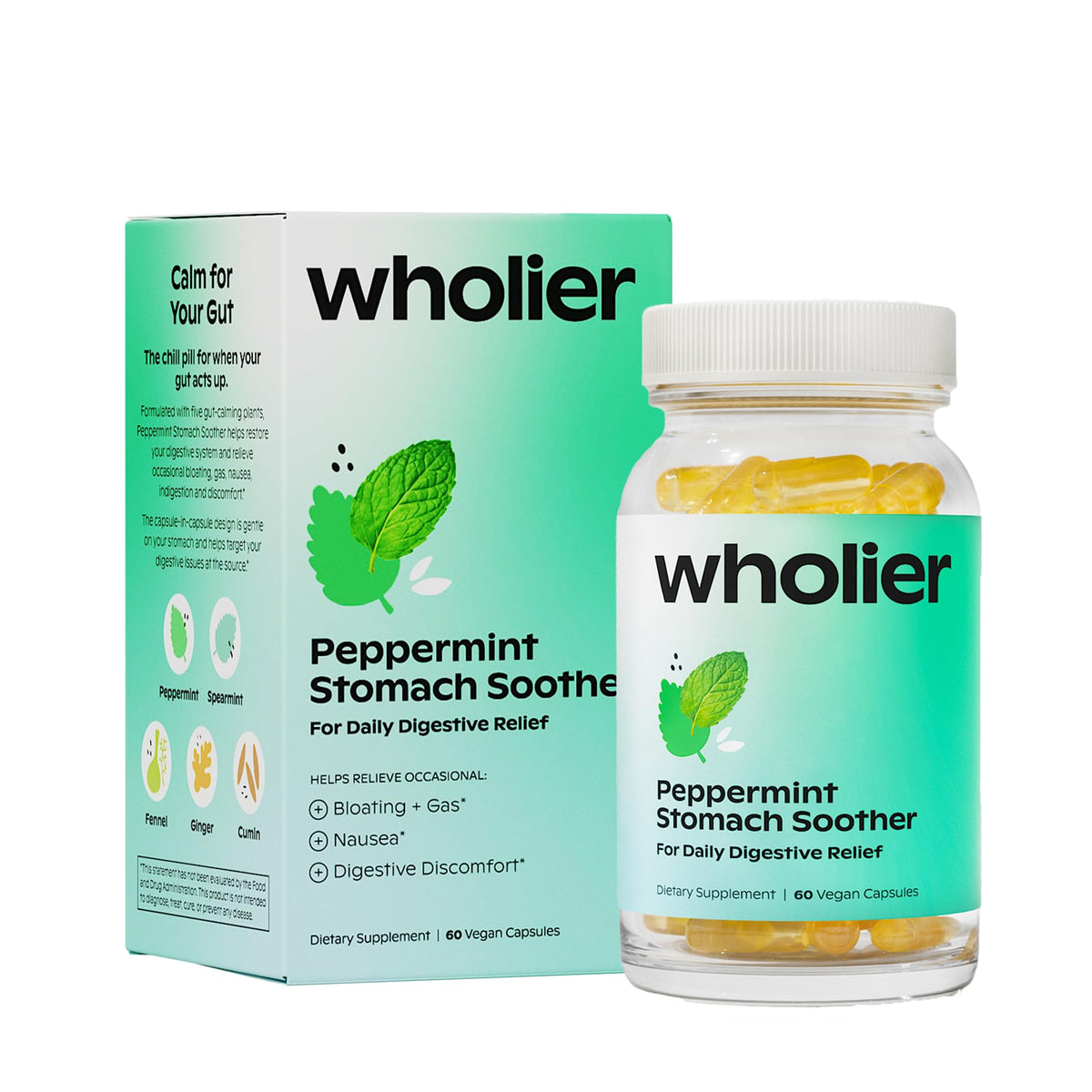 wholier Peppermint Stomach Soother, Ginger, Fennel & Spearmint, 60 Capsules