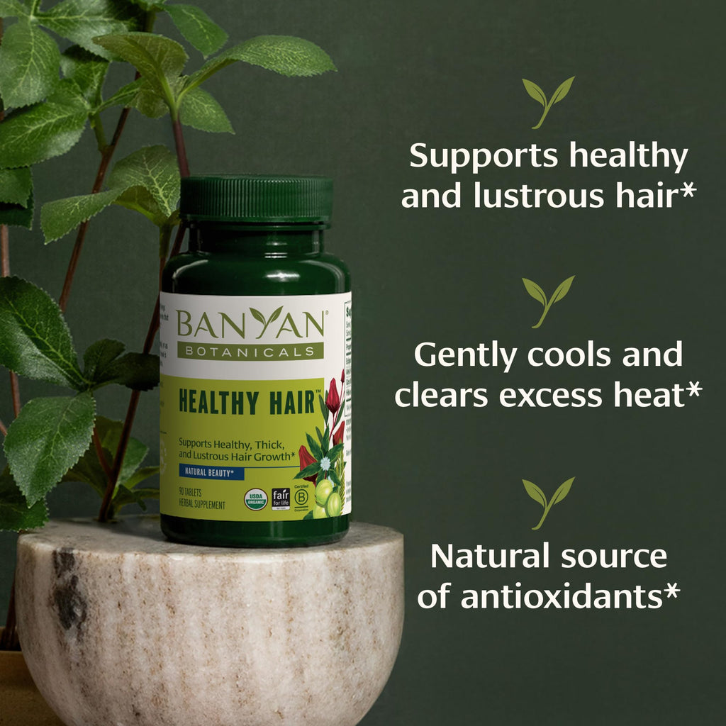 Banyan Botanicals Organic Healthy Hair Supplement – For Thickness, Shine & Scalp Health – with Bhringaraj, Amla & Brahmi – Natural Internal Hair Care & Follicle Support-90 Tablets-USDA Organic