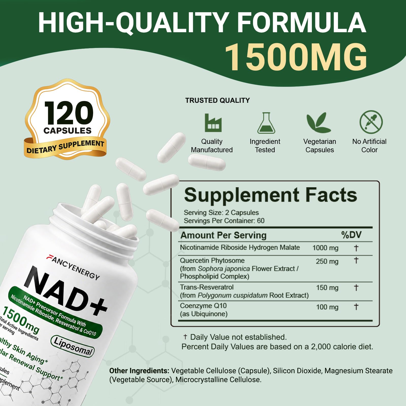 NAD+ Supplement, Liposomal NAD Nicotinamide Riboside Resveratrol 1500 mg - Anti-Aging & Brain Health, Improve Energy - Specifically for Women and Men, 120 Cout