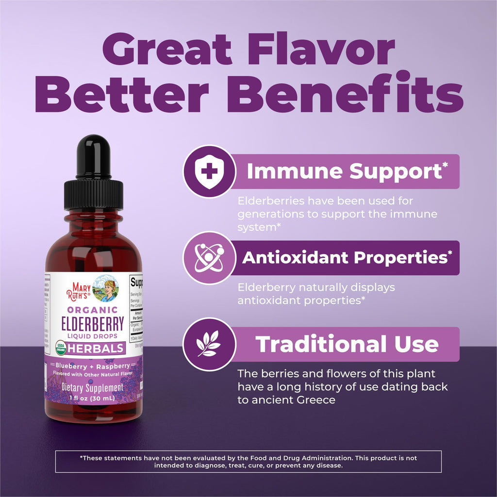 MARYRUTH'S Organic Elderberry Liquid Drops for Adults & Kids, Immunity, 1oz | 150mg Elderberry Extract, Sugar Free, Vegan, Non-GMO