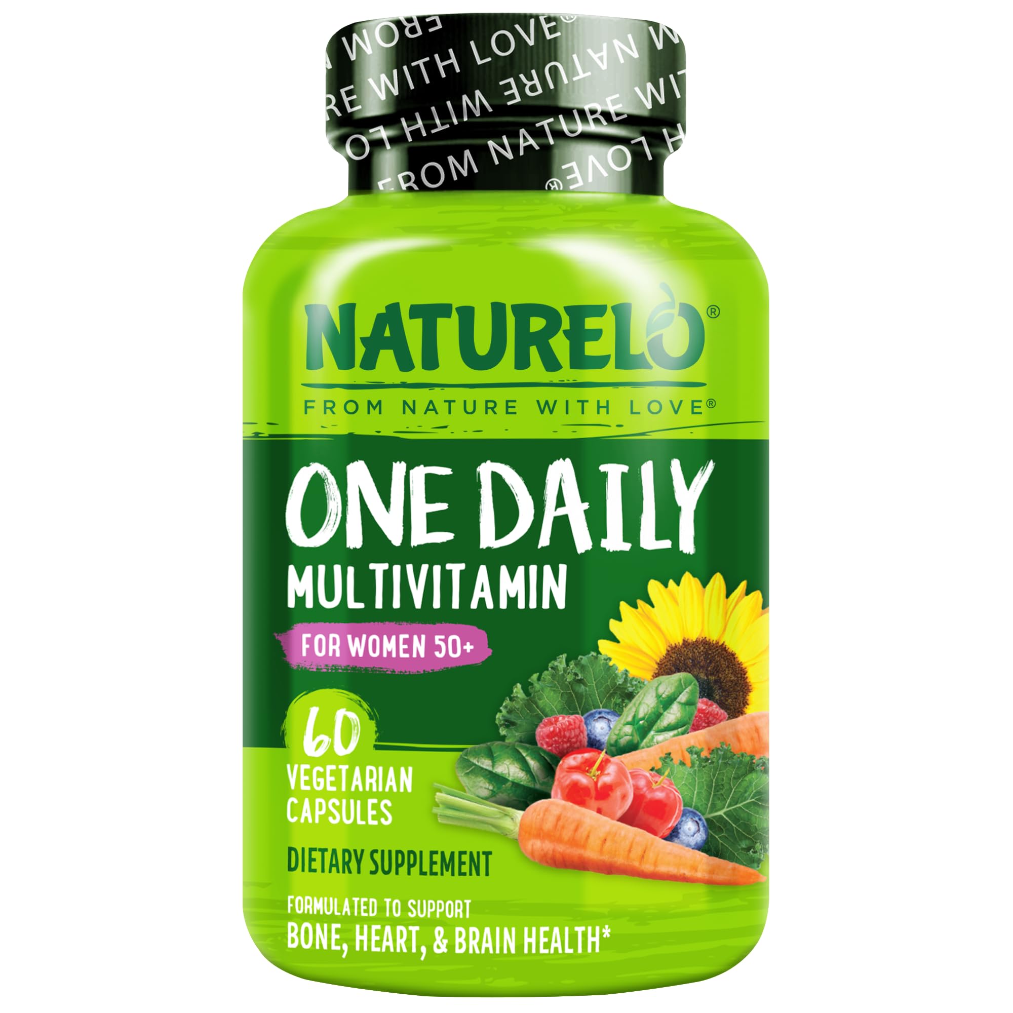 NATURELO One Daily Multivitamin for Women 50+ w/Vitamin B12, 60 Count | Energy Support, Whole Food Daily Women Multivitamin Supplement, Nourish Hair/Skin/Nail, Non-GMO, No Soy, Gluten Free