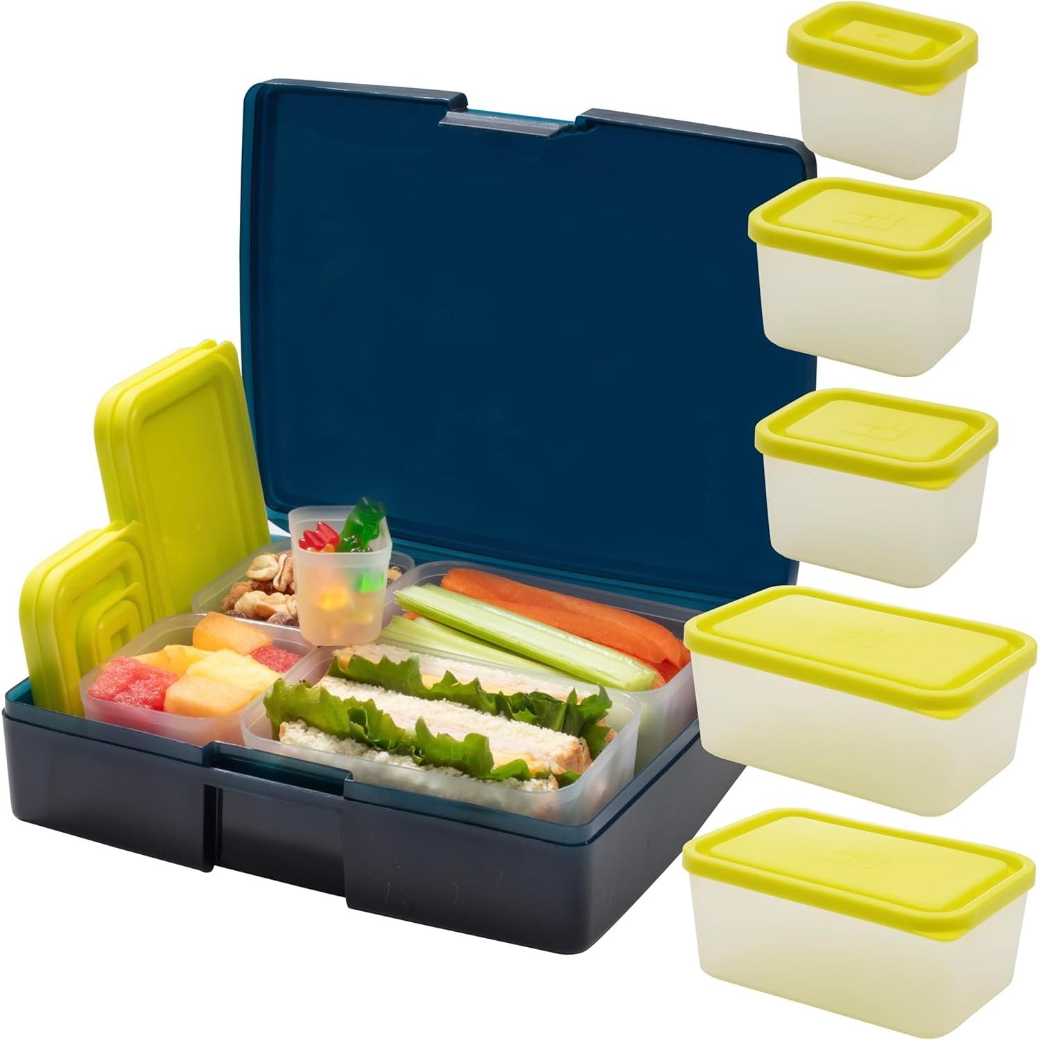 Buy now BentologyTM Clear Bento Lunch Box Set w 5 Removable Nesting Containers- Adapt Inner Compartment Portion Sizes- Meal Prep Snack Holders for Back to School, Leakproof Durable & BPA Free- Dishwasher Safe Translucent Midnight at indiglob india