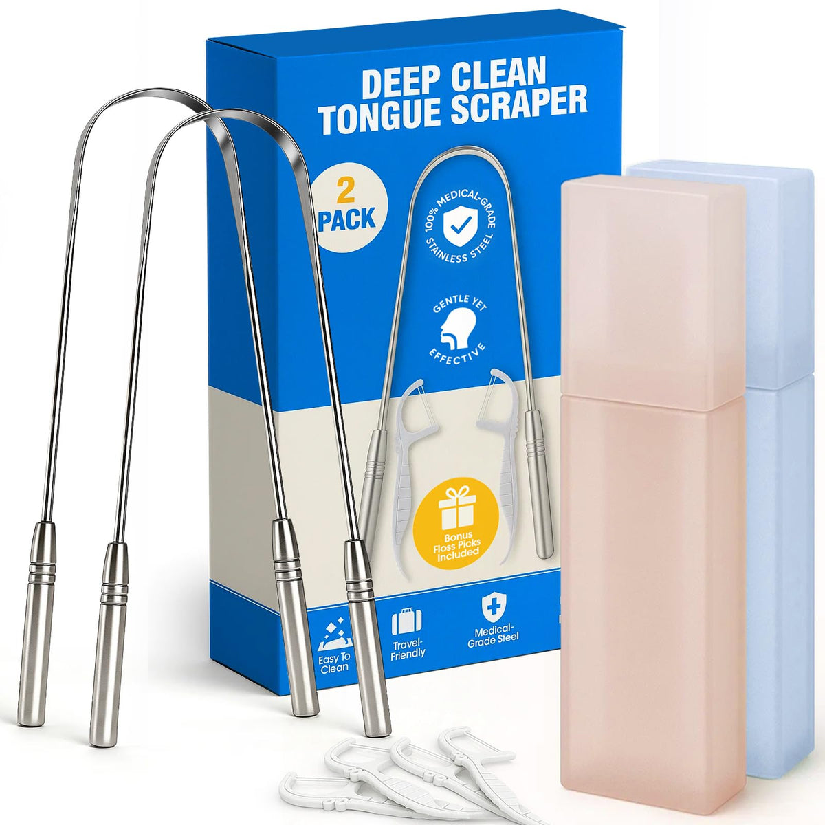 Stainless Tongue Scraper Set for Adults： Easy To Use For Oral Care and Hygiene – Pack Of 2 Stainless Steel Tongue Cleaners, 2 Travel Cases, 4 Floss Picks – Cleaning for Tongue Care & Fresh Breath