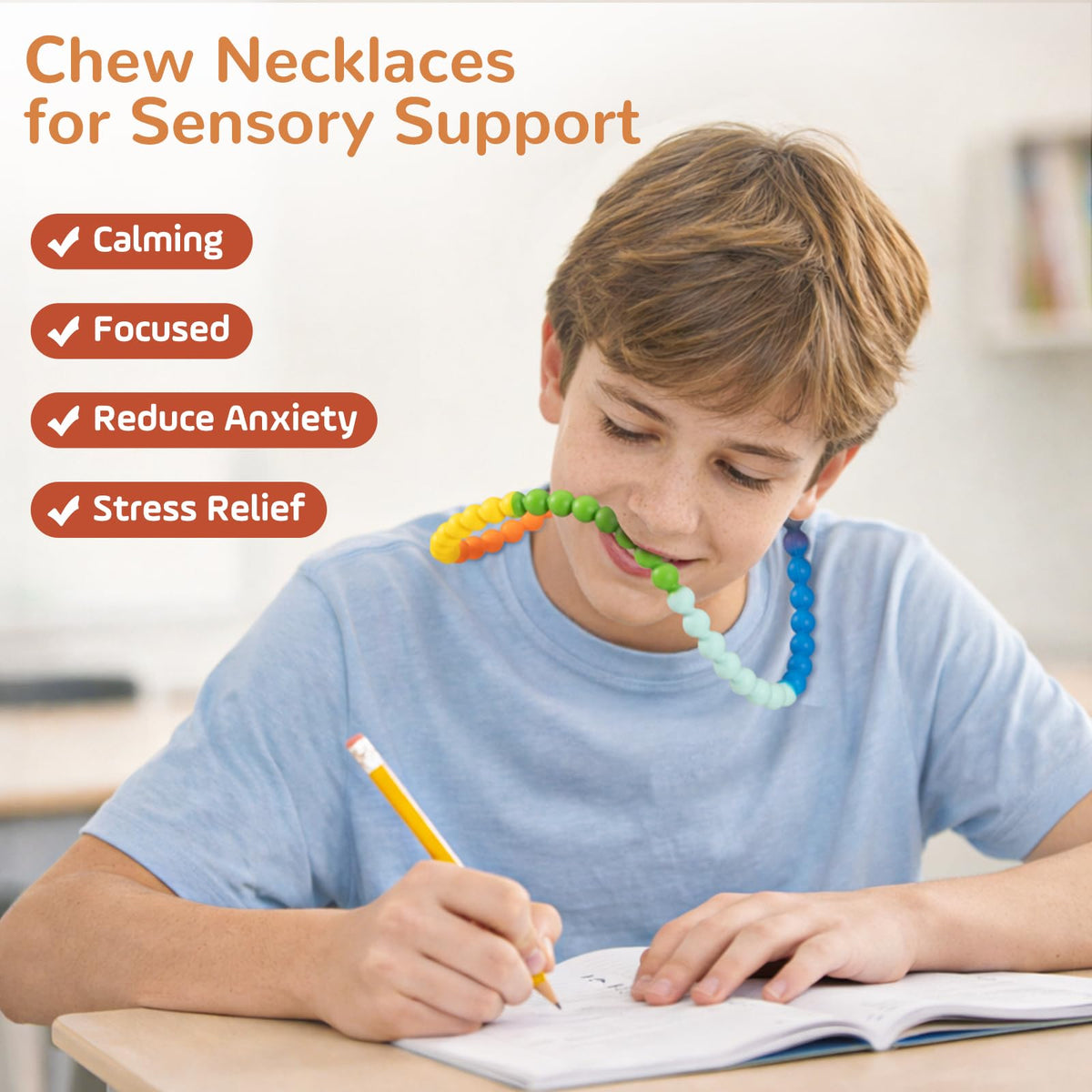 Chew Necklaces for Sensory Kids 2 Pack, One-Piece Silicone Sensory Chew Necklaces for Autism & ADHD, Chew Fidget Chewlry for Kids & Adults, Prevent Nail Biting Necklace for Toddler Boys & Girls