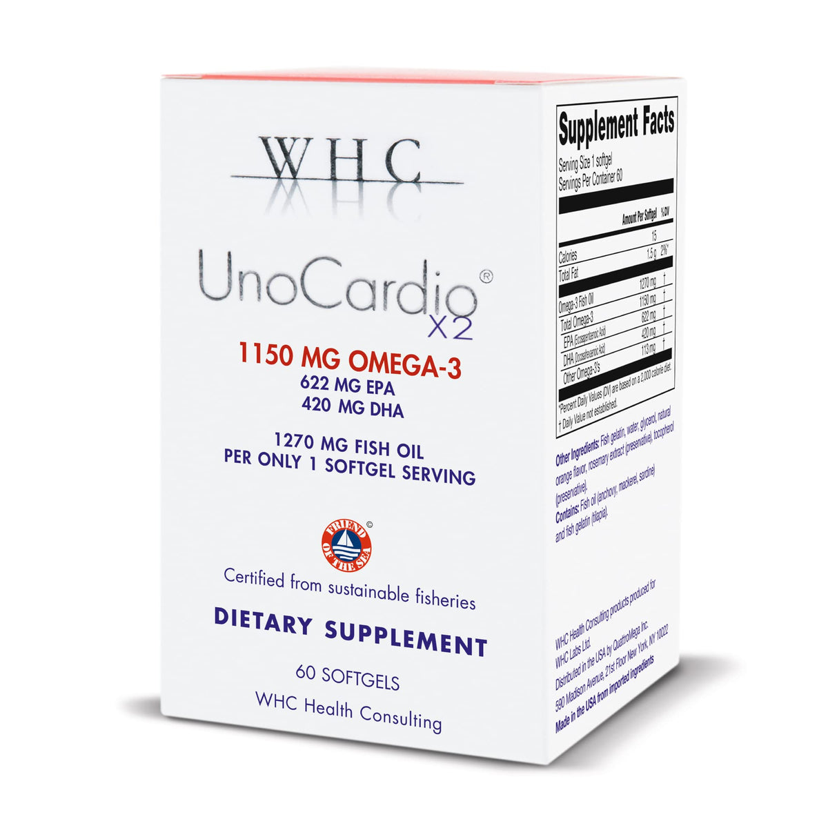 WHC UnoCardio X2 Omega-3 Fish Oil, 1150mg EPA/DHA, 60 Softgels