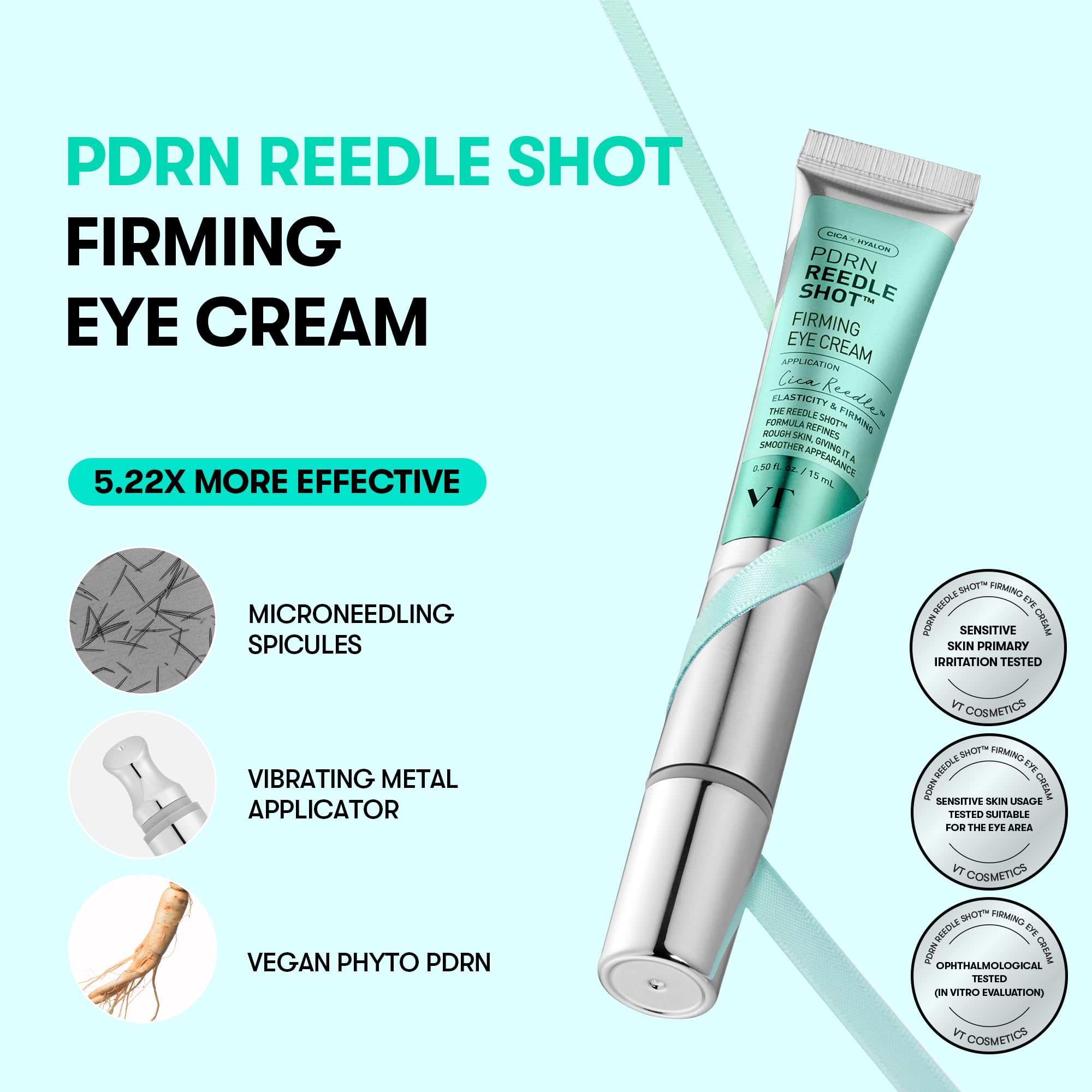 VT COSMETICS Reedle Shot Firming Eye Cream, 0.51 fl oz/15ml | 9-Peptide Complex, Bakuchiol & Hyaluronic Acid, Vibrating Metal Applicator for Puffiness, Fine Lines & Wrinkles