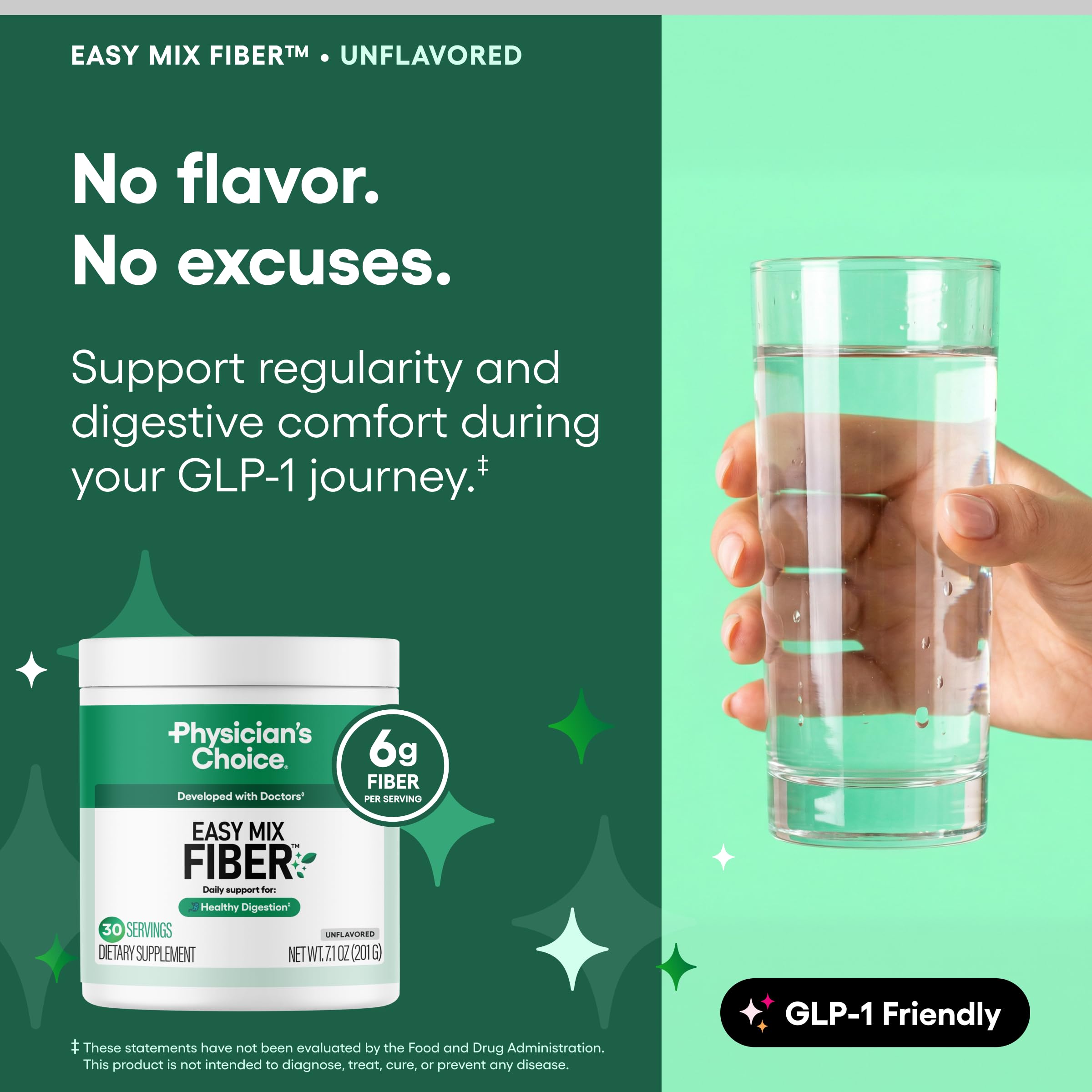 Physician's CHOICE Easy Mix Fiber for GLP-1 Support - No Grit & Sugar Free - Daily Prebiotic Soluble Fiber Powder Supplement - Digestive Health & Regularity - for Women and Men - Unflavored - 7.1oz