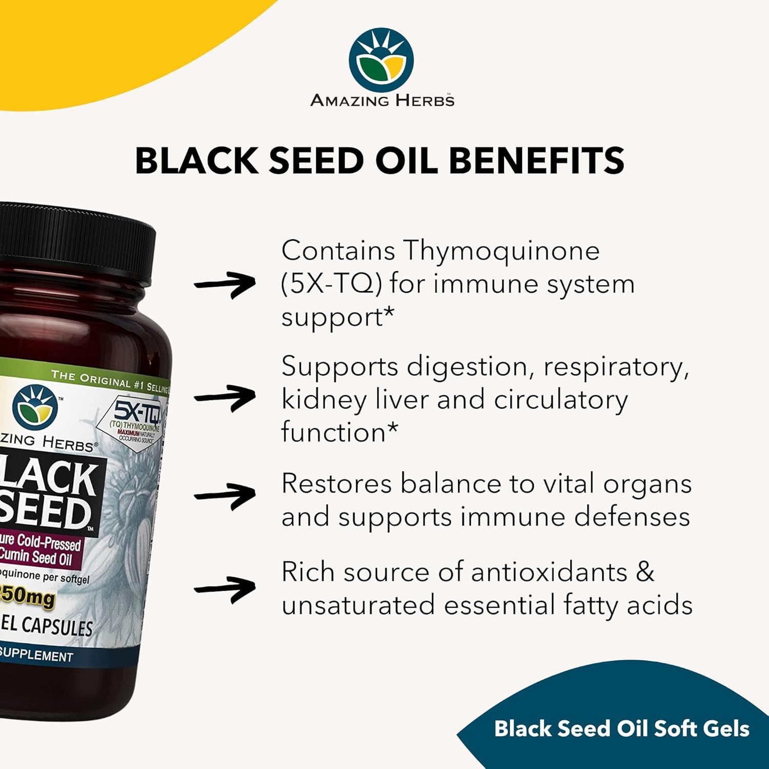 Amazing Herbs Premium Black Seed Oil - 60 Count Softgels, 1250mg | Capsules, Pressed Nigella Sativa for Women & Men, Aids in Digestive Health, Normal Immune & Brain Support