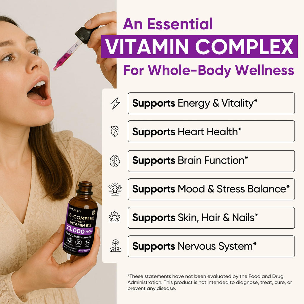 Vitamin B Complex 23000mcg - Methyl B12| B9 Folic|B7 Biotin,B1,B2,B3,B5,B6 | Vitamin B Complex Liquid Drops for Men & Women with Vitamin C, Choline & Inositol for Energy, Immune & Brain Support - 2Oz