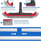 Swimming Pool Brush with Pole - 17.5" Wall Brush with 10FT Adjustable Aluminum Pole, Nylon Bristles, Curved Ends, EZ Clip Handle, Pool Brush for Cleaning Walls, Tiles & Floors
