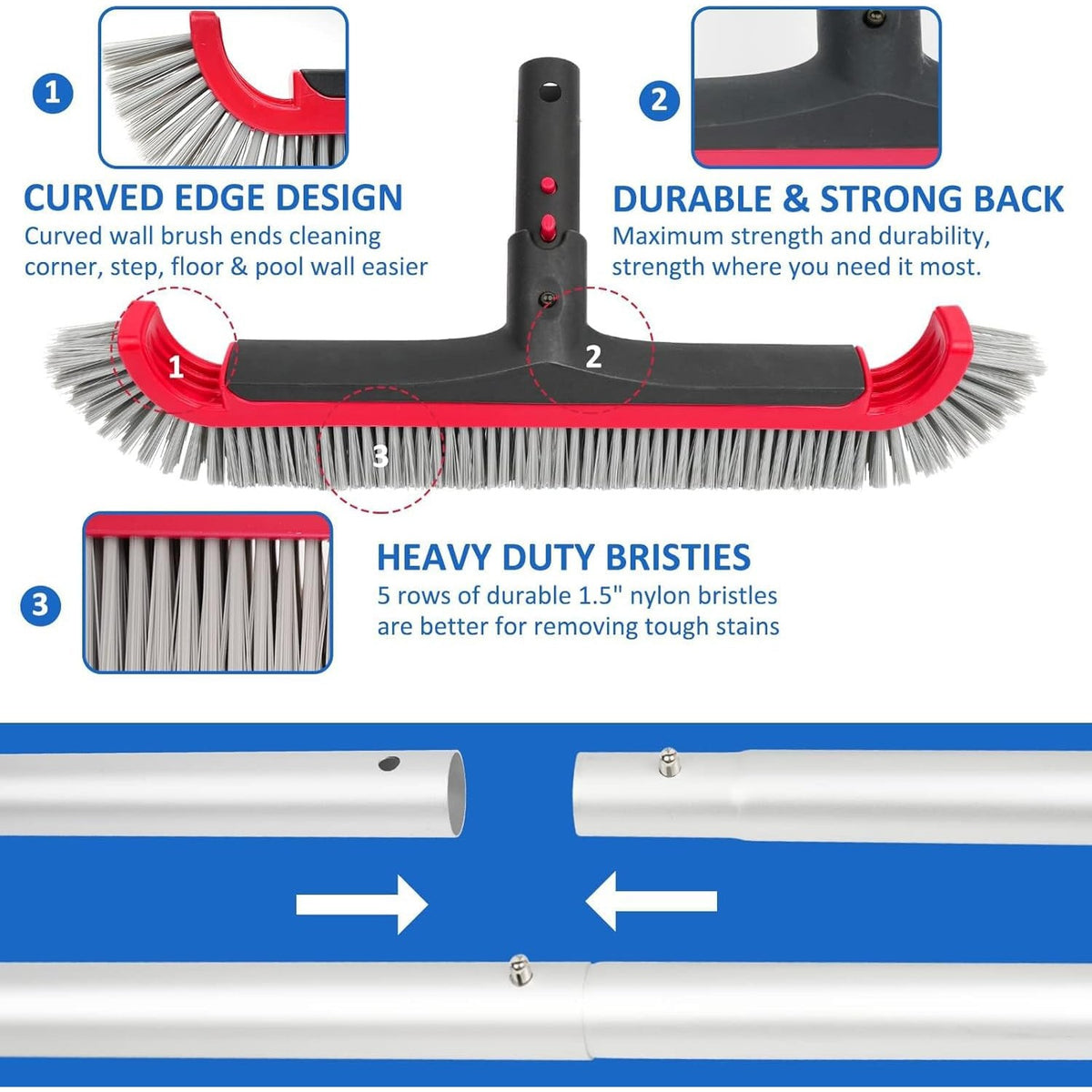 Swimming Pool Brush with Pole - 17.5" Wall Brush with 10FT Adjustable Aluminum Pole, Nylon Bristles, Curved Ends, EZ Clip Handle, Pool Brush for Cleaning Walls, Tiles & Floors