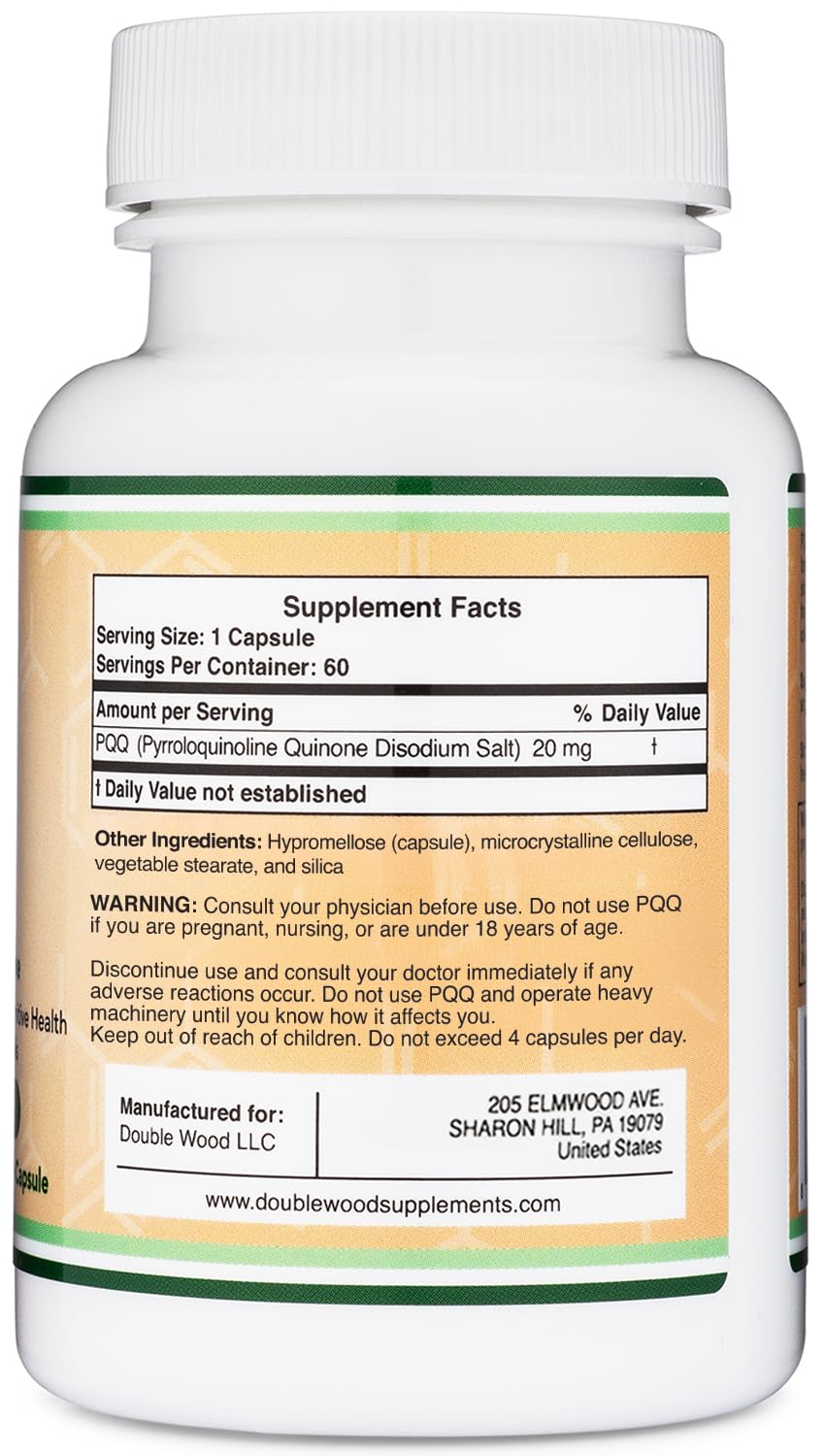 PQQ 20mg Pyrroloquinoline Quinone, Pairs with CoQ10, 60 Capsules