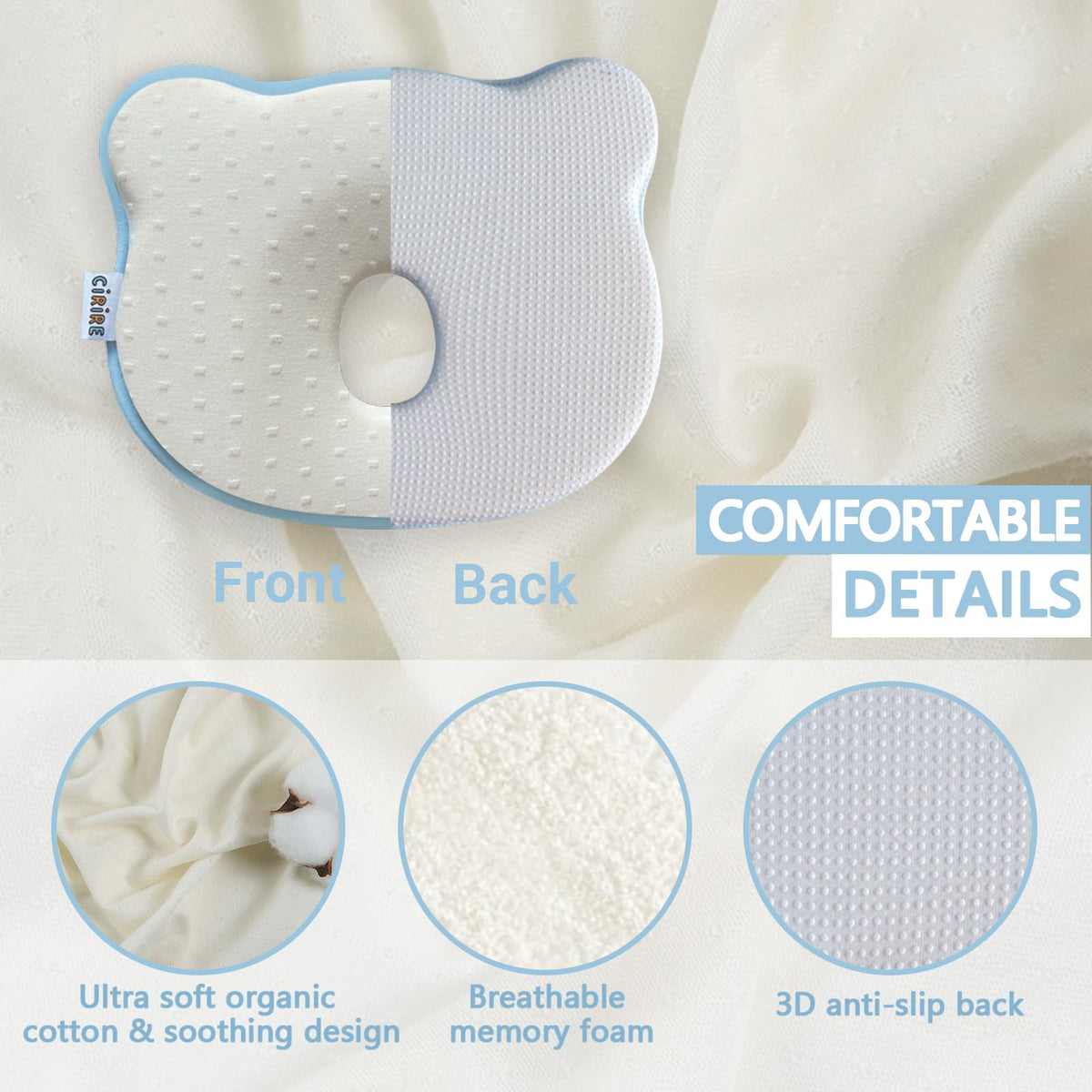 Memory Foam Baby Cushion Soft Cozy Machine-Washable, Head and Neck Support Breathable Anti-Slip Design for Infants for Small Boys and Girls Tummy Time(Beige)