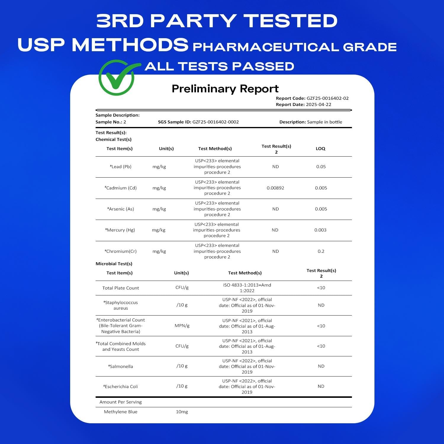 Bluesun Methylene Blue Drops 1% Pharmaceutical Grade - USA Made, Formaldehyde-Free, 3rd-Party Tested, USP Purity, GMO-Free, Alcohol-Free, COA included - 2 Fl Oz(60mL) Cobalt Blue Glass 10mg/mL, 2 Pack