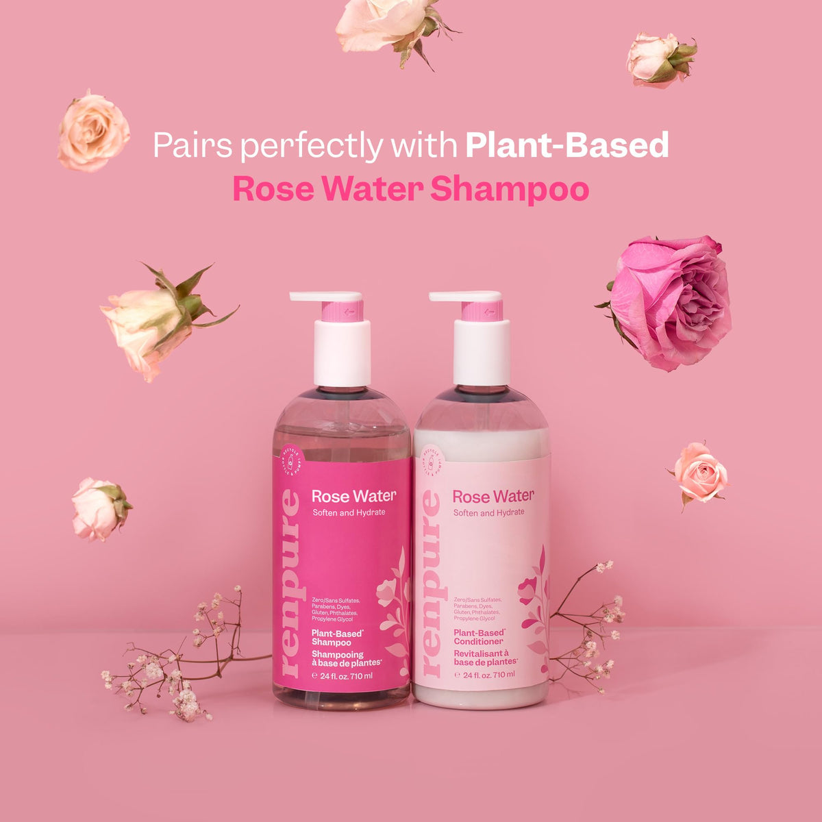 Renpure Rose Water Conditioner, 710ml, Plant Based Beauty, Soothes Scalp, Hydrates Hair, Nourishes, Free of Chemicals, For Women