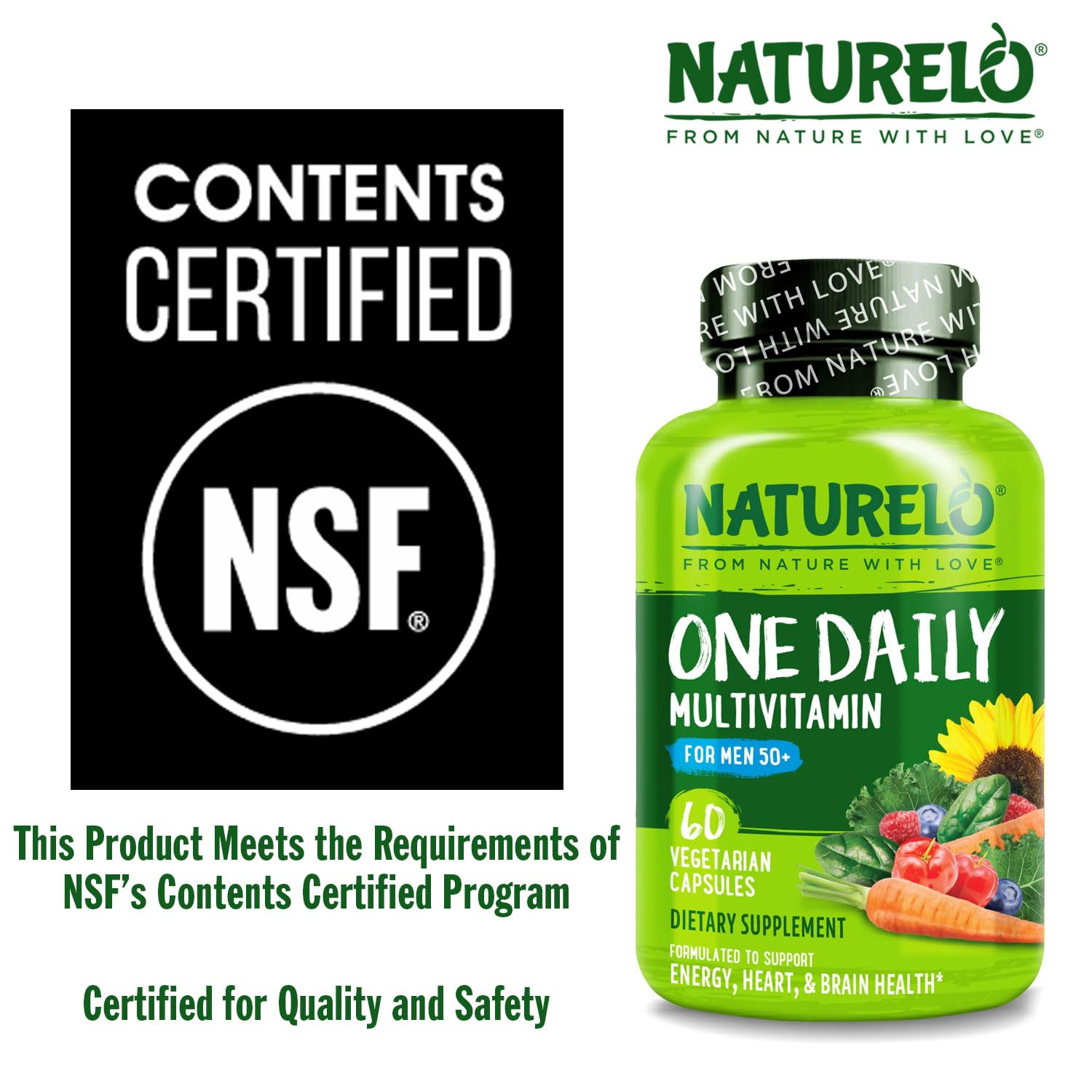 NATURELO Multivitamin for Men 50+ - One Daily, 60 Vegetarian Capsules | Vitamins, Minerals & Organic Whole Foods, Boost Energy and Health, Non-GMO