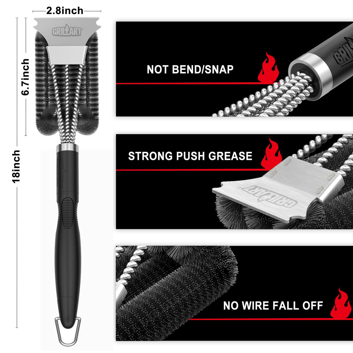 GRILLART Grill Brush, 18'' Extra-Strong Handle, BBQ Cleaner with Scraper