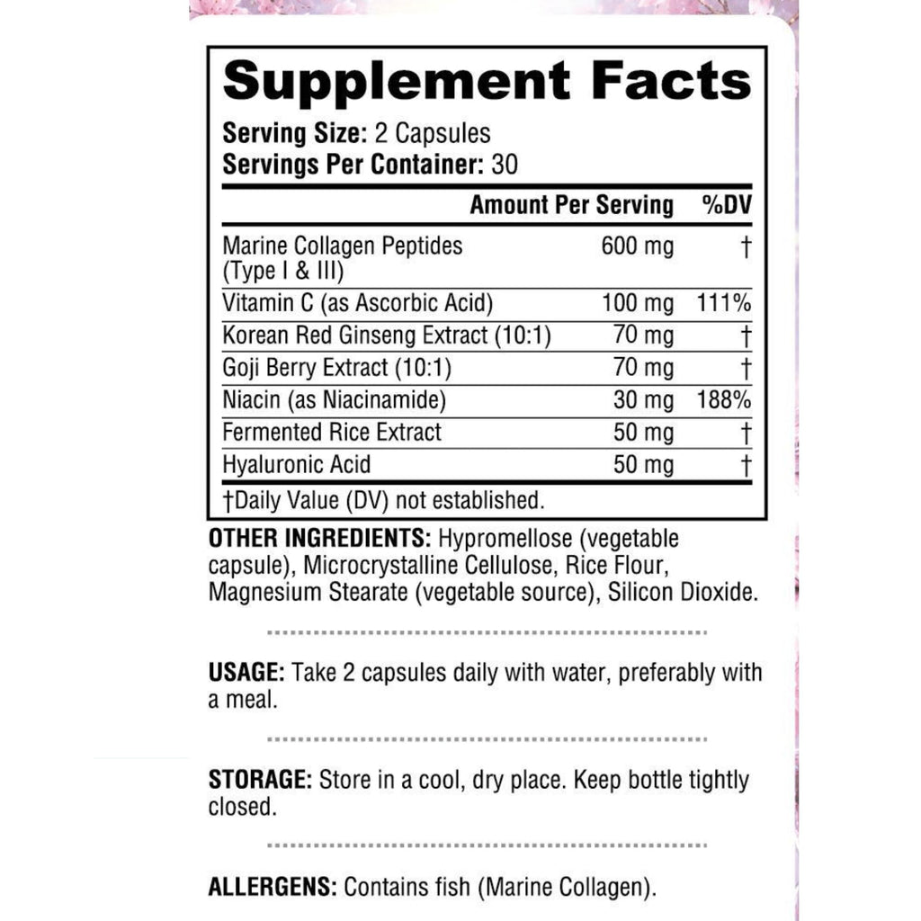 Korean Marine Hydrolyzed Collagen Peptides Capsules, 600mg Type I & III Collagen with Hyaluronic Acid, Vitamin C & Red Ginseng, Collagen Pills for Women, Skin Hydration, Elasticity & Glow - 30 Days