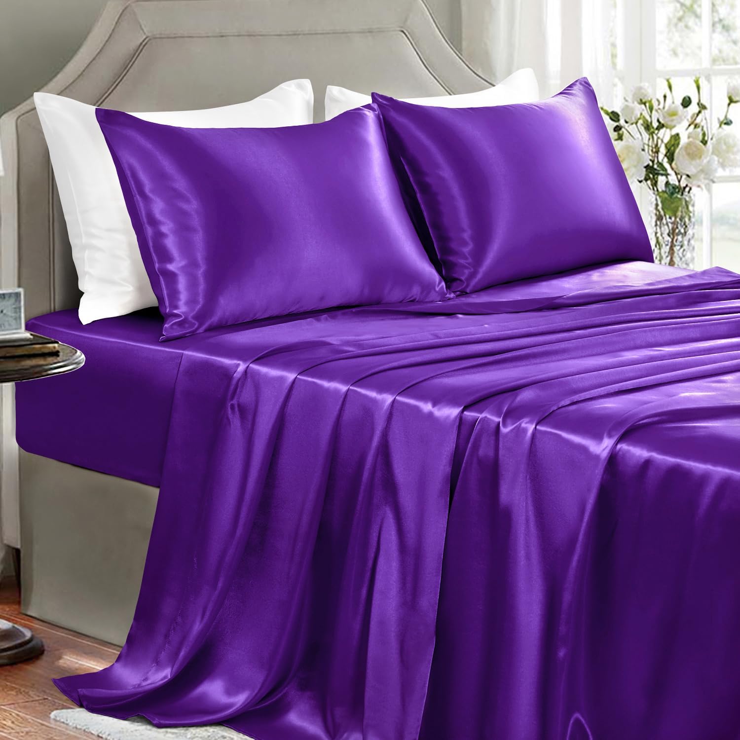 Buy now Satin Sheets King Size - 4 Pieces Luxury Silky Soft Bed Sheets, Wrinkle-Free Gold Satin Silk Sheet Set with 1 Deep Pocket Fitted Sheet, 1 Flat Sheet, 2 Pillow Cases King Dark Purple at indiglob india
