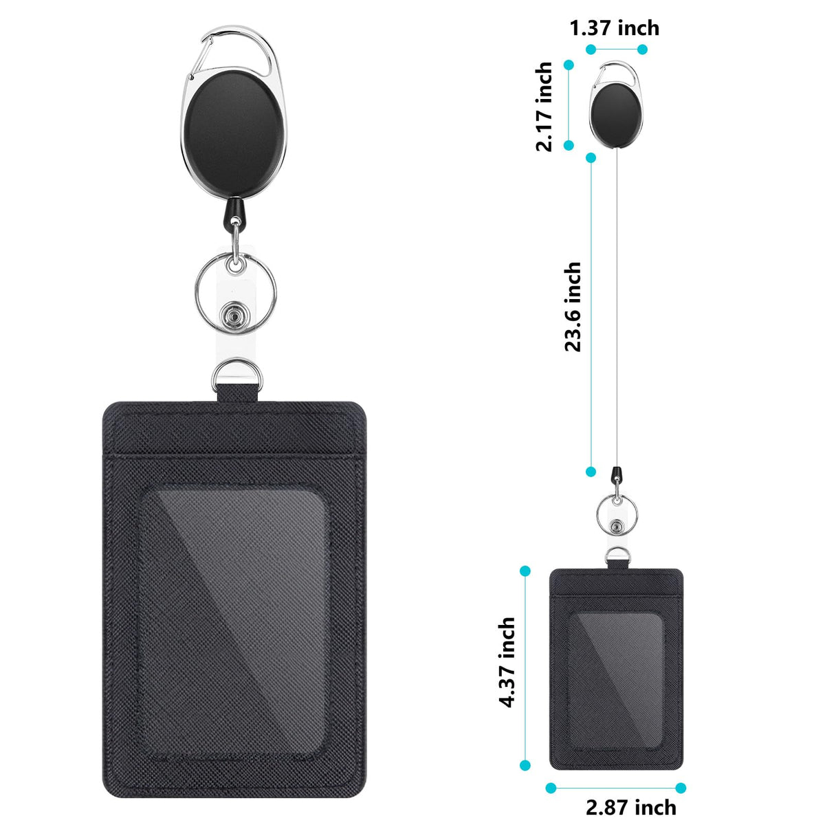 2 Pack Badge Holders and Heavy Duty Retractable Reel Clips Set, Vertical Leather ID Badge Holders with 1 Clear ID Window & 2 Credit Card Slots (Black-2pcs)'