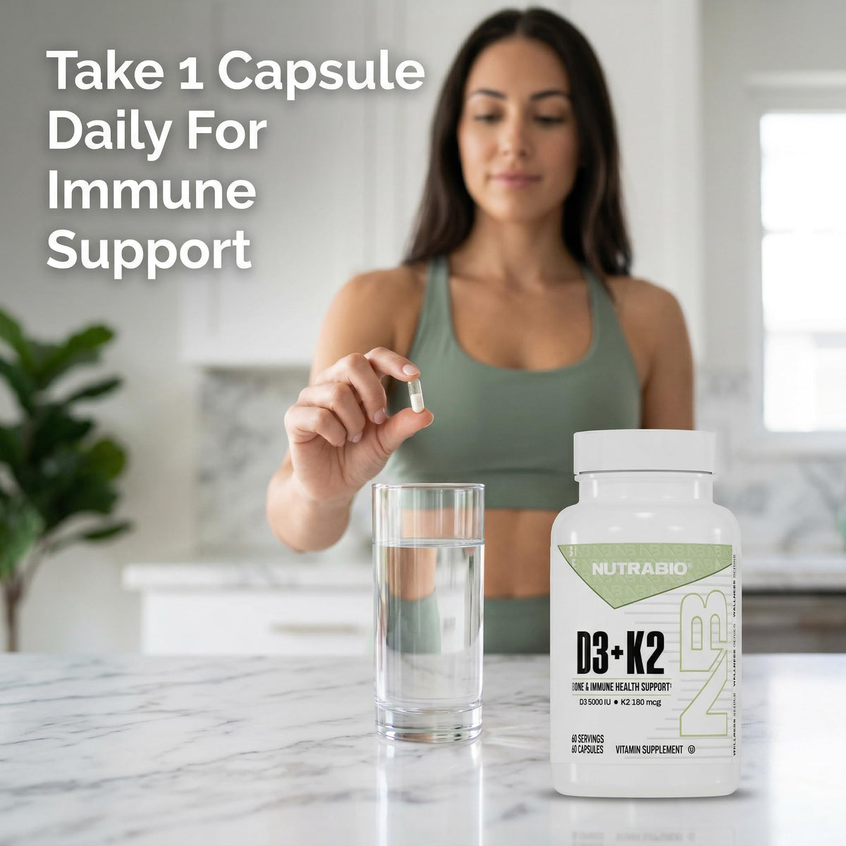 NutraBio Vitamin D3 K2 | 5000 IU D3 as Cholecalciferol with Vitamin K2 as MENA-Q MK7 (180mcg) | Support Bone and Heart Health | Non-GMO, Gluten Free, Lactose Free | 60 Vegetable Capsules