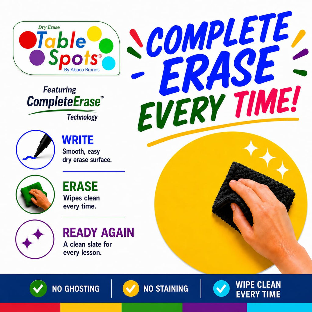 NEW Larger Size! | The Original Table Spots for Teachers | No Staining, No Shadowing, Complete Erase! Dry Erase, 10 Pack Multicolor Circles, Wall Stickers, Decals
