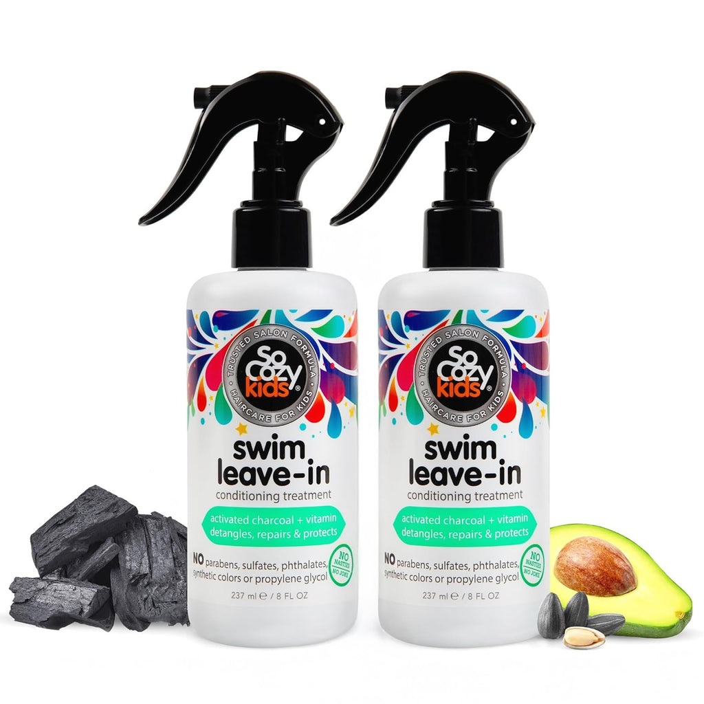 SoCozy Swim Leave In Conditioner Spray & Treatment for Kids Hair (8 Fl Oz) Protects & Repairs Pool, Sun & Salt Damaged Hair, Gentle Formula with Activated Charcoal, Vitamin B5 & Sunflower Seed Extract