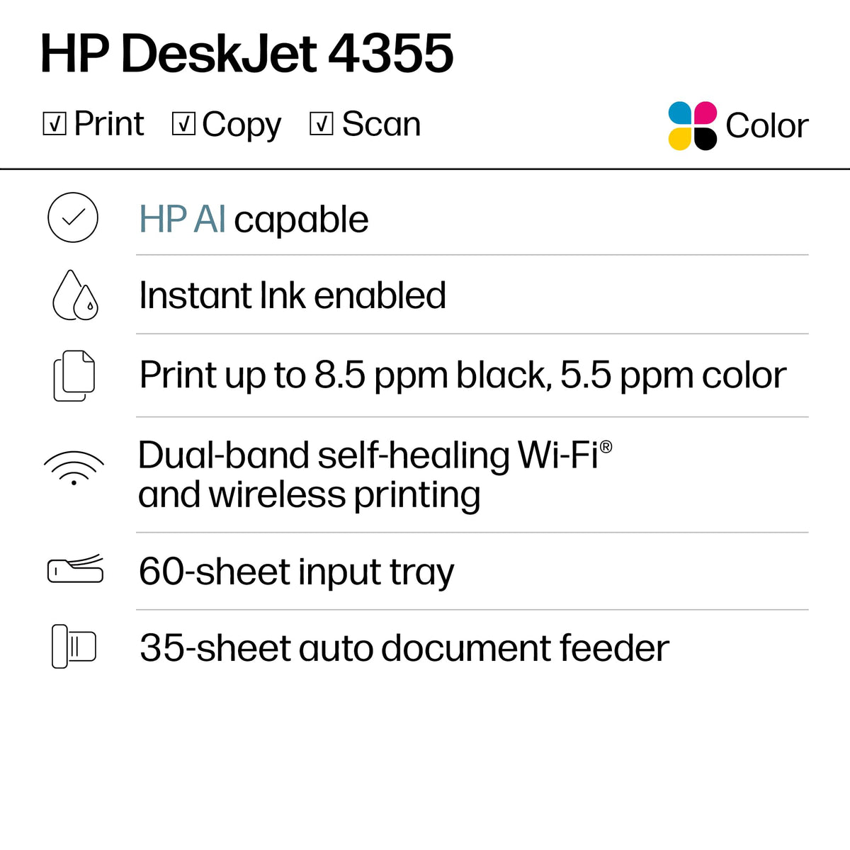 HP DeskJet 4355 Wireless All-in-One Color Inkjet Printer, Scanner, Copier, Best-for-Home, 3 Month Trial of Instant Ink Included, AI-Capable (AJ4Y0A)