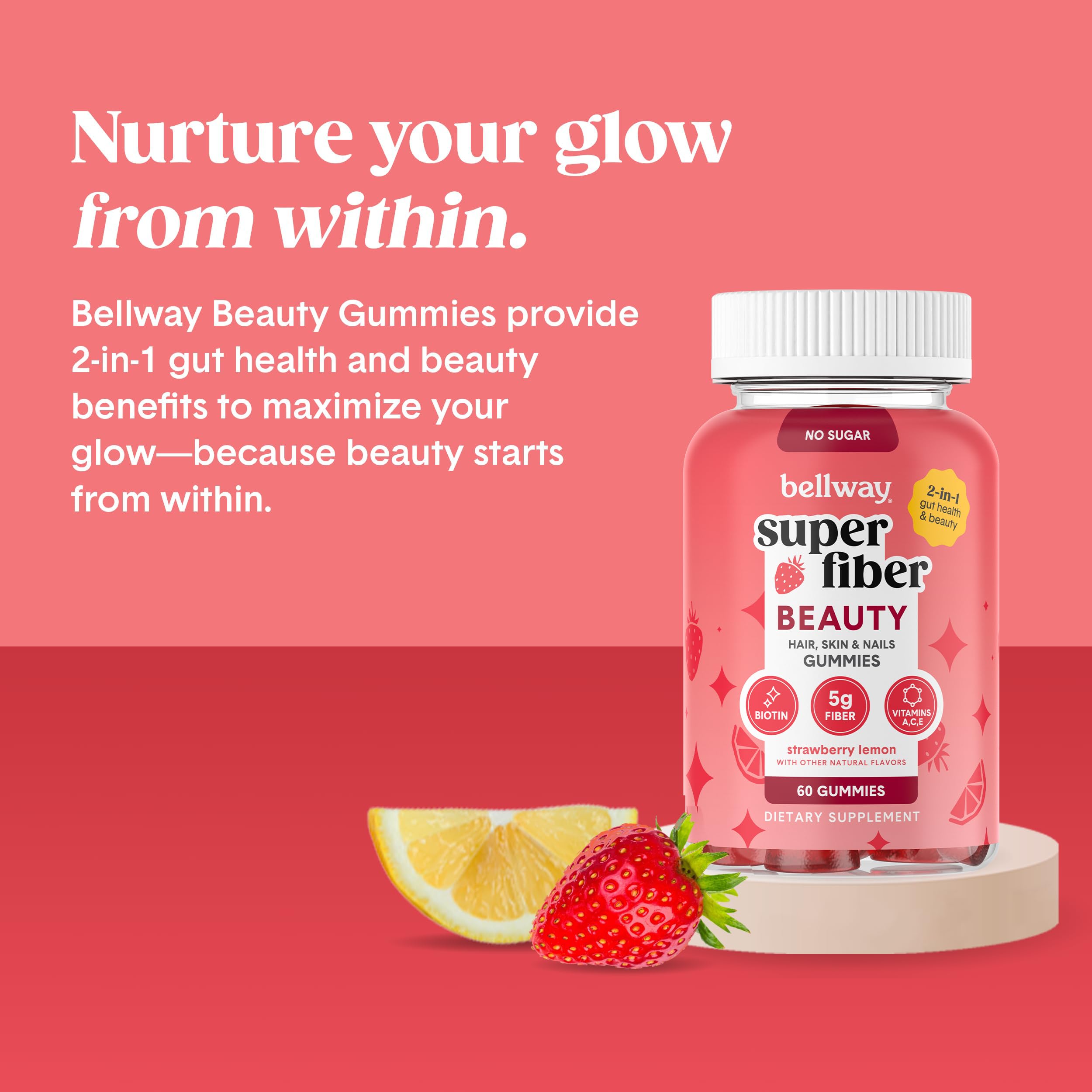 Bellway Super Fiber + Beauty, Fiber Gummies with Biotin, Sugar-Free, 60 Ct | 5g Prebiotic Fiber Supplement with Biotin & Vitamins A, C & E for Digestive Health, Skin, Hair & Nails