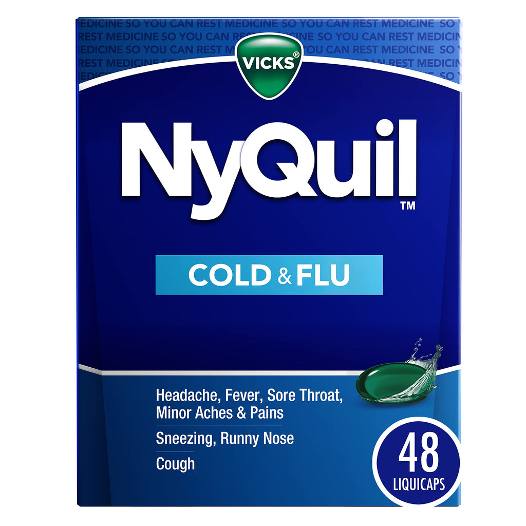 Buy now Vicks NyQuil Cold & Flu Relief Over-the-Counter Medicine, Powerful Multi-Symptom Nighttime Relief for Headache, Fever, Sore Throat, Aches, Sneezing, Runny Nose & Cough, 48 LiquiCaps at indiglob india