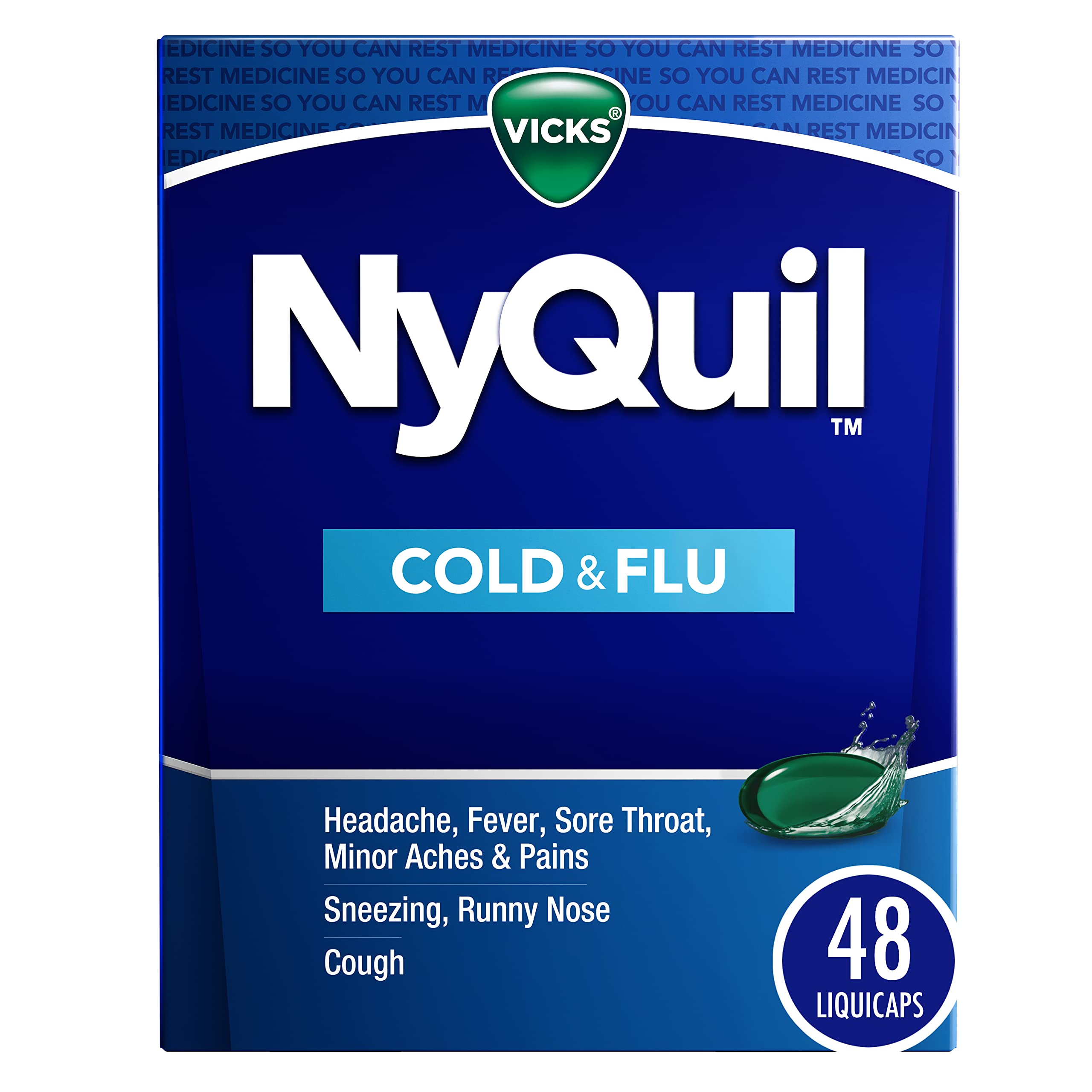 Buy now Vicks NyQuil Cold & Flu Relief Over-the-Counter Medicine, Powerful Multi-Symptom Nighttime Relief for Headache, Fever, Sore Throat, Aches, Sneezing, Runny Nose & Cough, 48 LiquiCaps at indiglob india