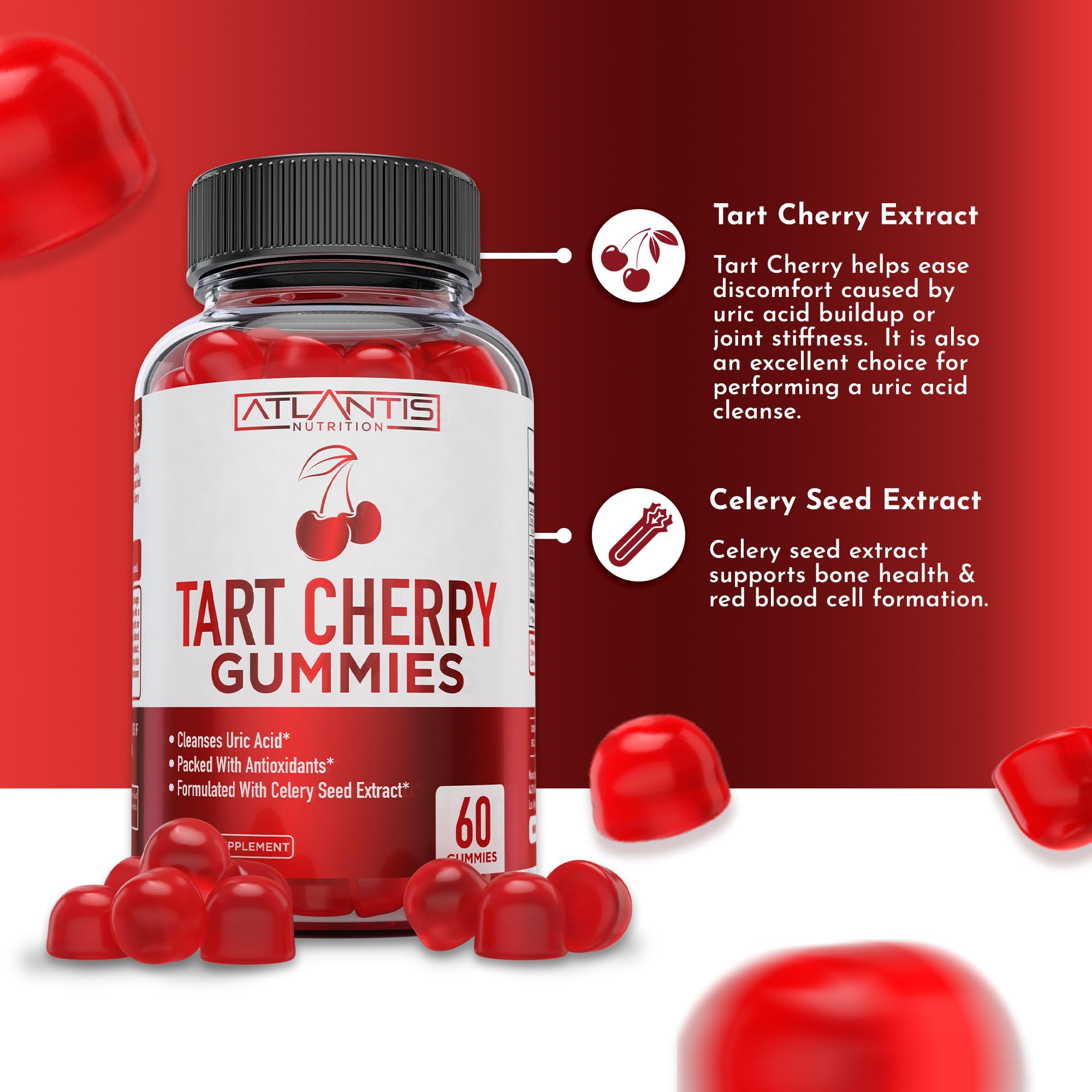 Tart Cherry Gummies with Celery Seed Extract - Advanced Uric Acid Cleanse for Immediate Relief | Joint Relief & Recovery | Powerful Antioxidant with Joint Support - 60 Gummies