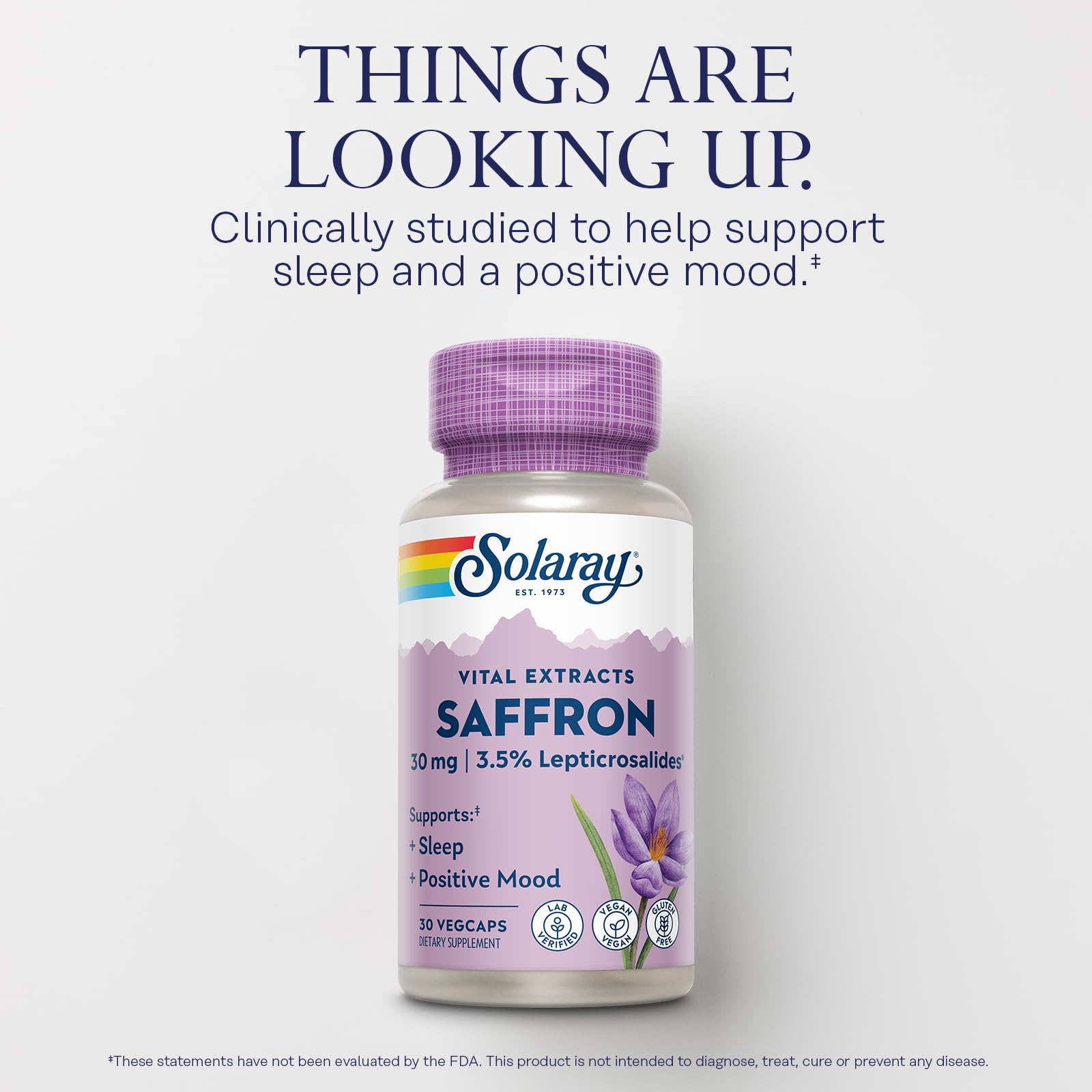 SOLARAY Saffron Extract, 30 VegCaps | Sleep & Positive Mood Support, Affron Saffron Extract, 30 Servings, Vegan, Gluten Free, Lab Verified