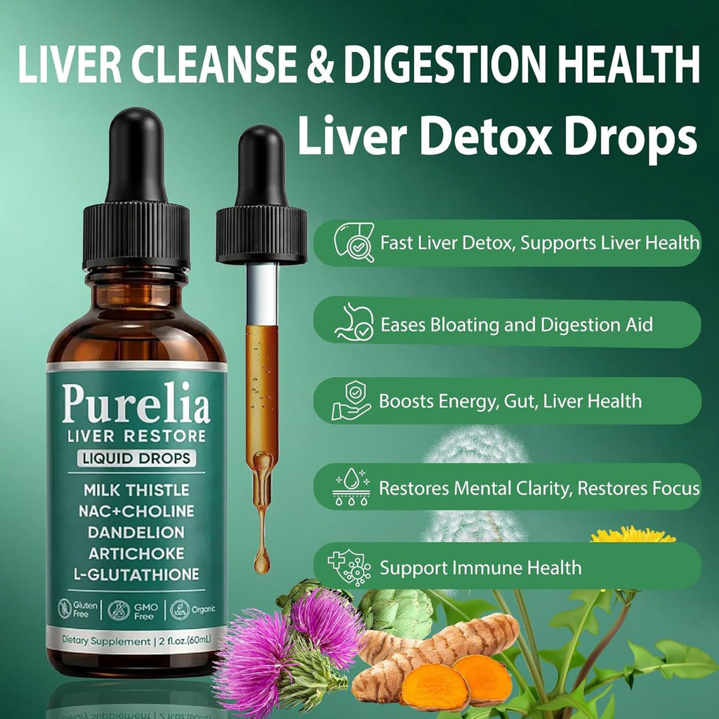 Purelia Liver Restore Drops – Complete Liver Detox Support Supplement with Milk Thistle, Dandelion & L-Glutathione for Liver Cleanse & Digestion Aid Health, 2 Fl Oz (1)