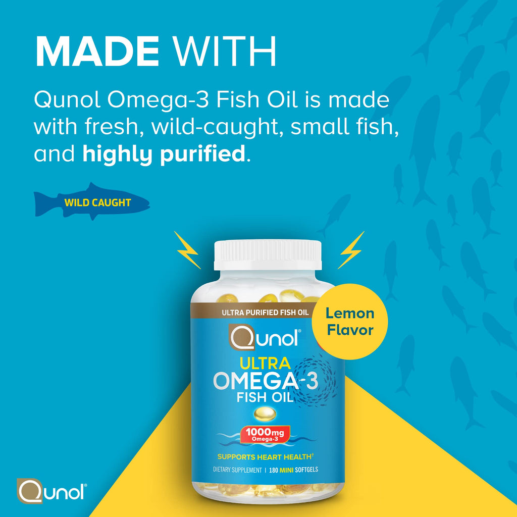 Qunol Ultra Omega-3 Fish Oil Mini Softgels, 1000mg EPA + DHA, 180ct | High Potency, Ultra-Purified Fish Oil, Support Heart Health and Brain Health, Lemon Flavor, Easy to Swallow Minis; Non-GMO
