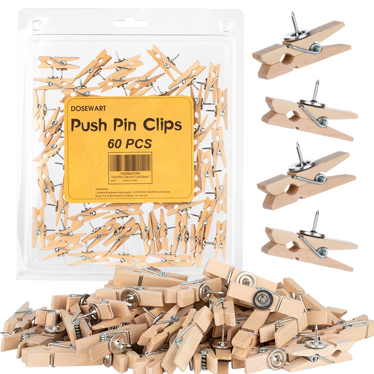 DOSEWART 60 Pcs Push Pin Clips for Cork Board Wooden Paper Clips